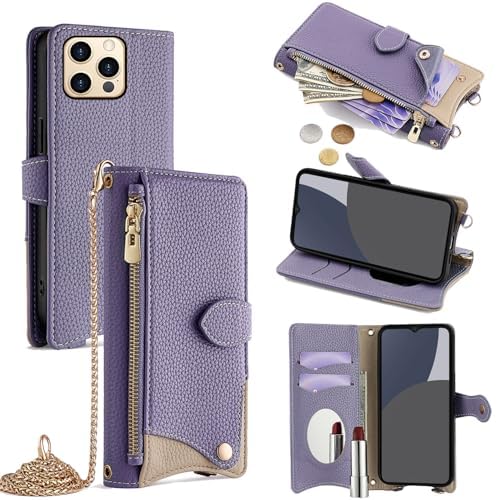 For iPhone 15 Pro Max ケース 手帳型 ショルダー For アイフォン15プロ マックス カバー 財布型 肩掛け 横+縦 2掛け方 斜めがけ 化粧鏡付き おしゃれ ジッパー小銭入れ カード収納 横置き ロングス