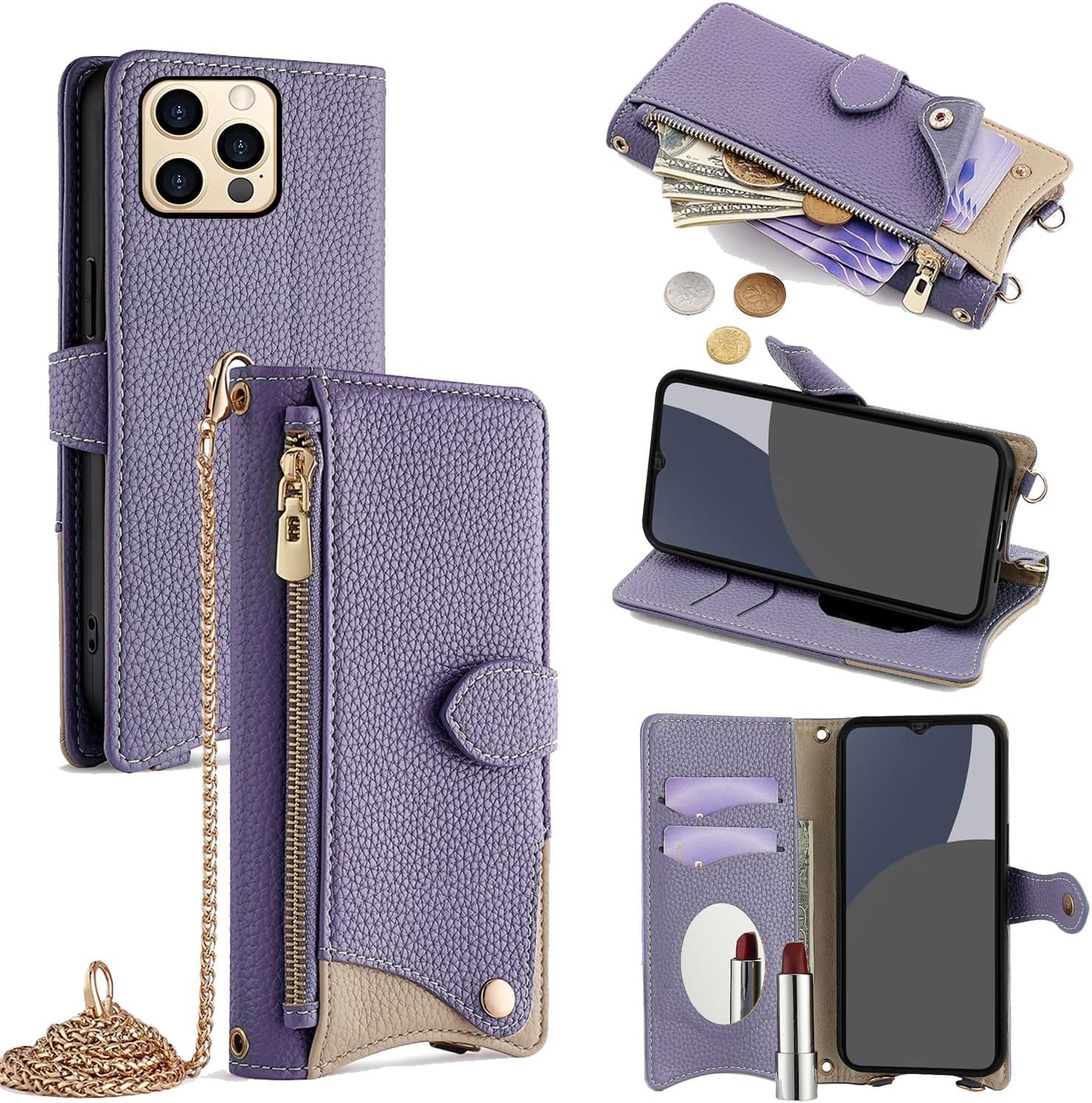 For iPhone 14 Pro ケース 手帳型 ショルダー For アイフォン14 プロ カバー 財布型 肩掛け 横+縦 2掛け方 斜めがけ 化粧鏡付き おしゃれ ジッパー小銭入れ カード収納 横置き ロングストラップ 耐