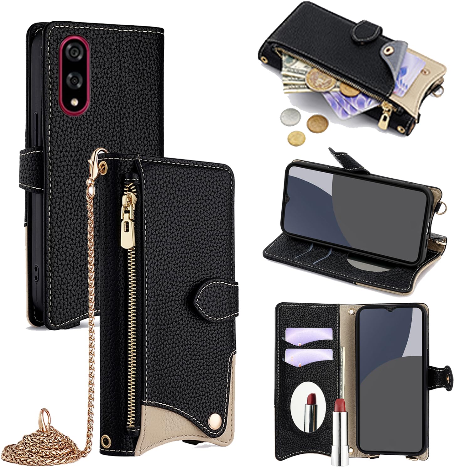 For BASIO Active 3 ケース 手帳型 ショルダー For BASIO Active 3 カバー 財布型 肩掛け 横+縦 2掛け方 斜めがけ 化粧鏡付き おしゃれ ジッパー小銭入れ カード収納 横置き ロングストラップ 耐汚れ PU