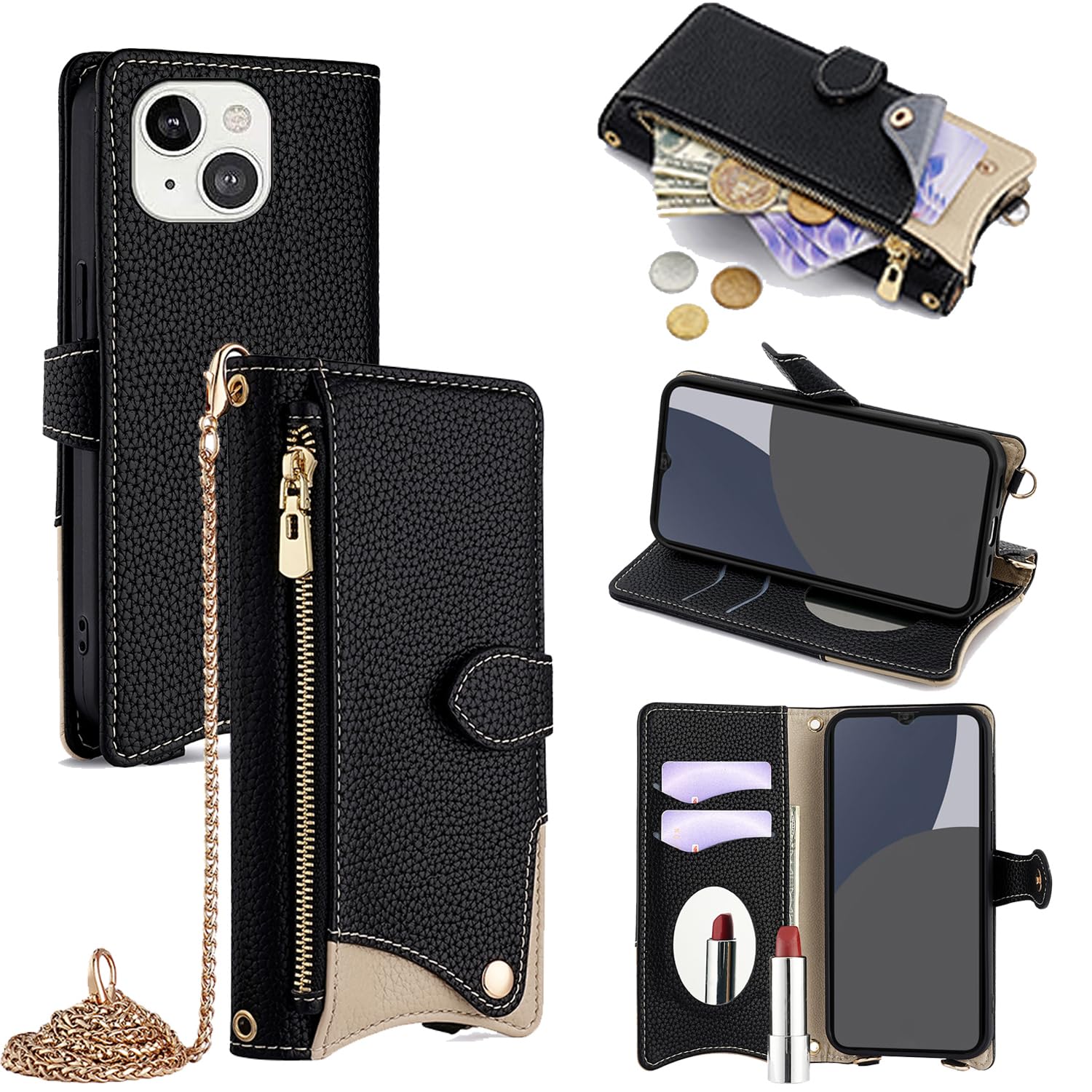 For iPhone 13 ケース 手帳型 ショルダー For アイフォン13 カバー 財布型 肩掛け 横+縦 2掛け方 斜めがけ 化粧鏡付き おしゃれ ジッパー小銭入れ カード収納 横置き ロングストラップ 耐汚れ PUレ