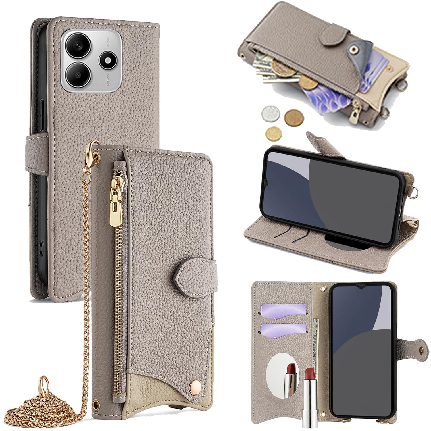 For Xiaomi Poco M7 Pro ケース 手帳型 ショルダー For シャオミpoco m7プロ カバー 財布型 肩掛け 横+縦 2掛け方 斜めがけ 化粧鏡付き おしゃれ ジッパー小銭入れ カード収納 横置き ロングストラップ
