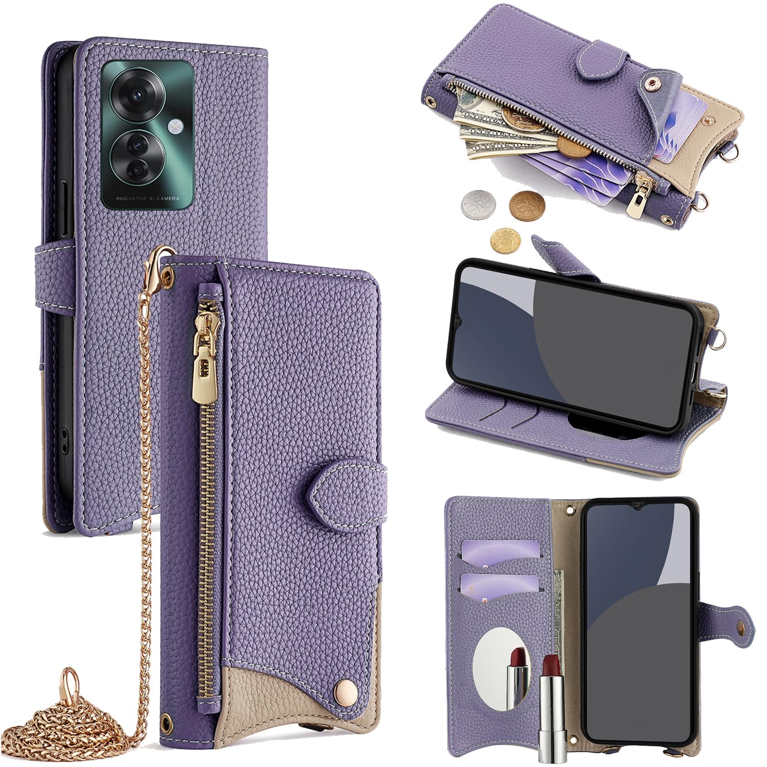 For OPPO Reno 11A/11F ケース 手帳型 ショルダー For オッポリノ11a CPH2603/A401OP For オッポリノ11f カバー 財布型 肩掛け 横+縦 2掛け方 斜めがけ 化粧鏡付き おしゃれ ジッパー小銭入れ カード収納 横