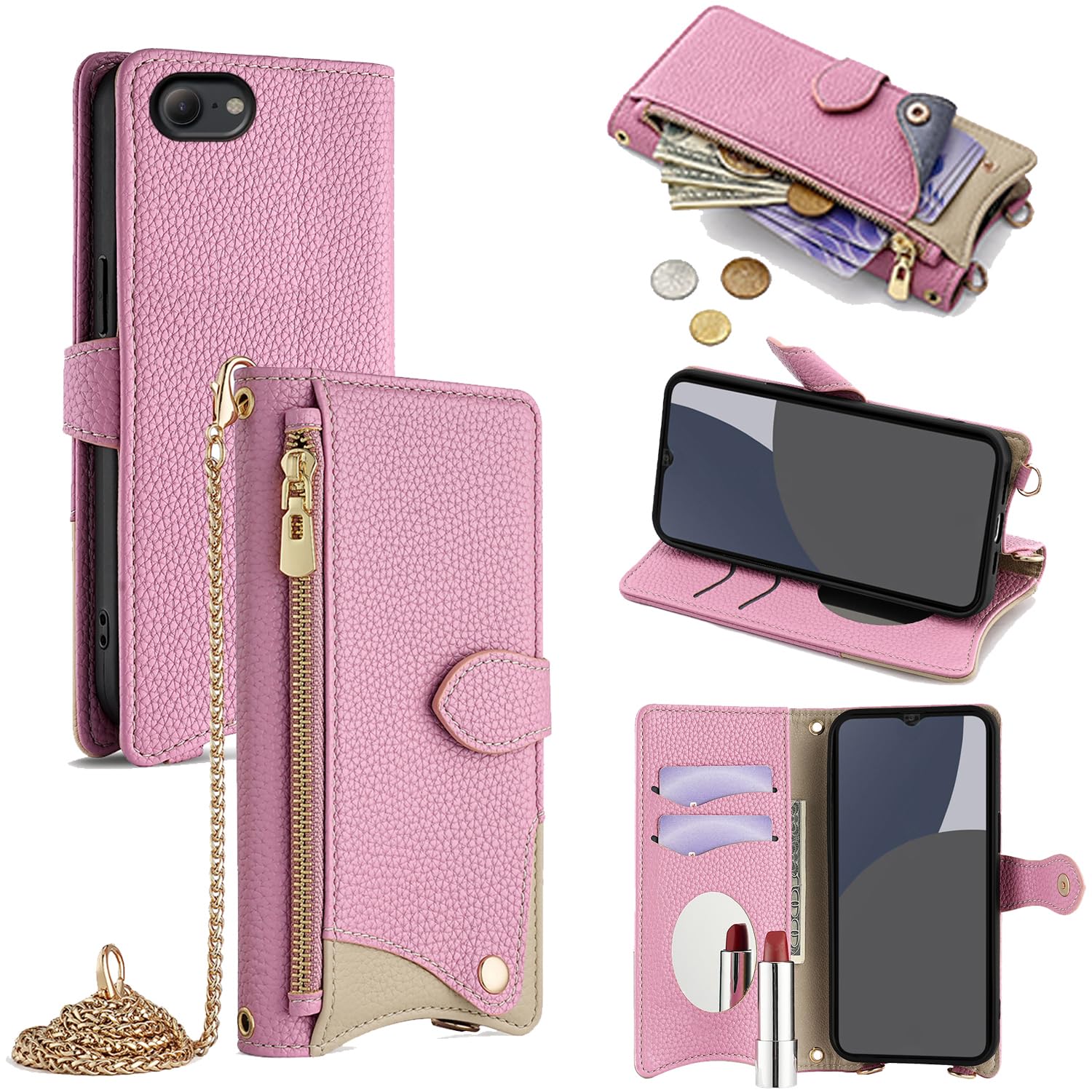 For iPhone SE3 ケース 手帳型 ショルダー For iPhone SE2 For iPhone8/For iPhone7 カバー 財布型 肩掛け 横+縦 2掛け方 斜めがけ 化粧鏡付き おしゃれ ジッパー小銭入れ カード収納 横置き ロングストラッ