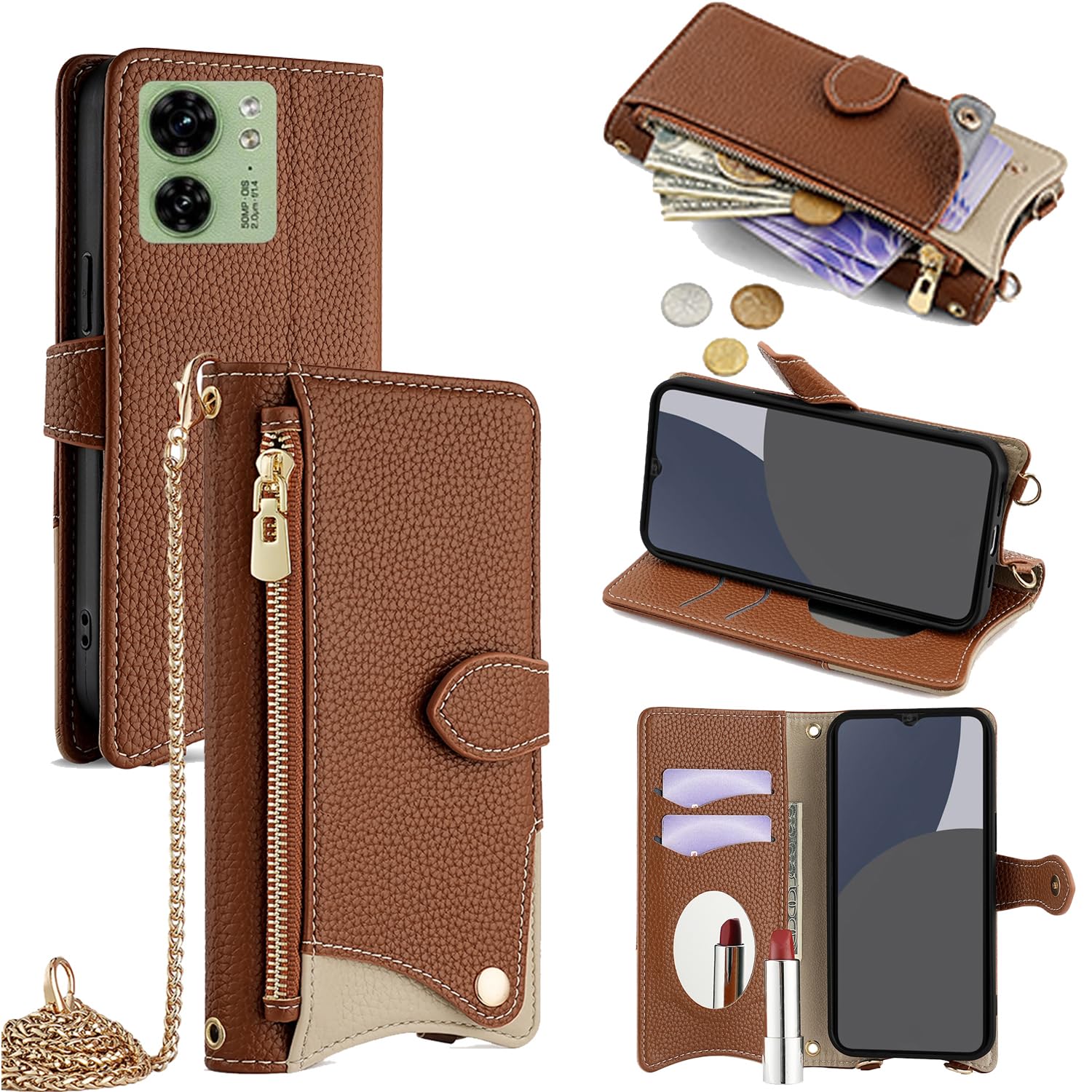 For Motorola Edge 40 ケース 手帳型 ショルダー For モトローラ Edge 40 カバー 財布型 肩掛け 横+縦 2掛け方 斜めがけ 化粧鏡付き おしゃれ ジッパー小銭入れ カード収納 横置き ロングストラップ 耐