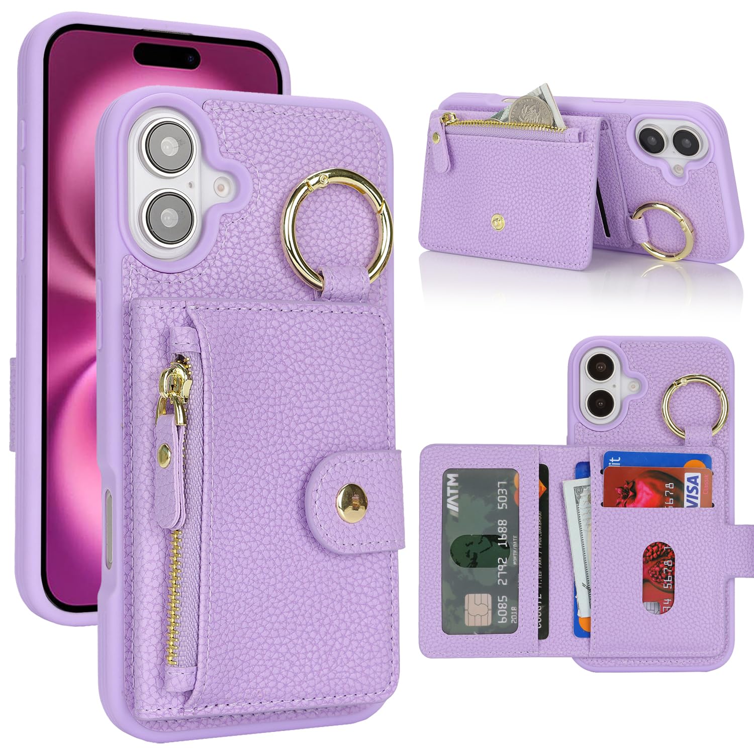 SailorTech ケース iPhone 16 Plus 背面ケース翻盖型 キーホルダーリング付きクレジットカード入れ 女性用, アイフォン16Plus 手帳ケースライチ紋様 横置き機能 背面収納ケース iPhone16Plus ケース 財