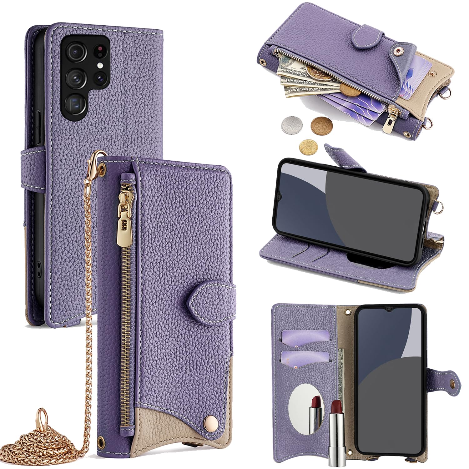 For Galaxy S22 Ultra ケース 手帳型 ショルダー For ギャラクシー S22 Ultra SC-52C/SCG14 カバー 財布型 肩掛け 横+縦 2掛け方 斜めがけ 化粧鏡付き おしゃれ ジッパー小銭入れ カード収納 横置き ロング