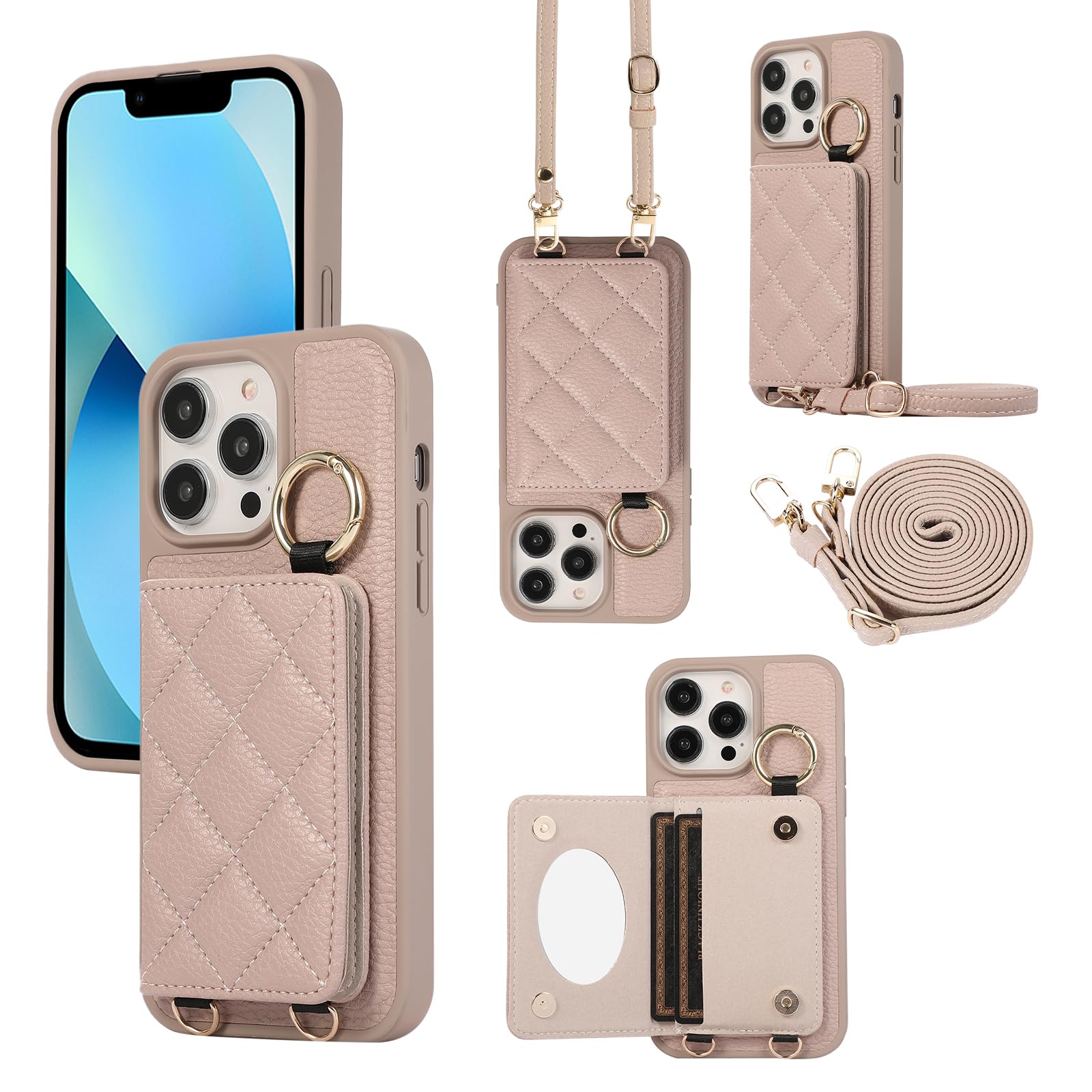 Succtopy iPhone 13 Pro Max ケース 手帳型 ショルダー スマホケース アイフォン 13 プロ マックス ケース 手帳型 鏡付き 肩がけ 首掛け 斜め掛け ストラップ着脱可 アイホン13pro max ケース 手帳型 財