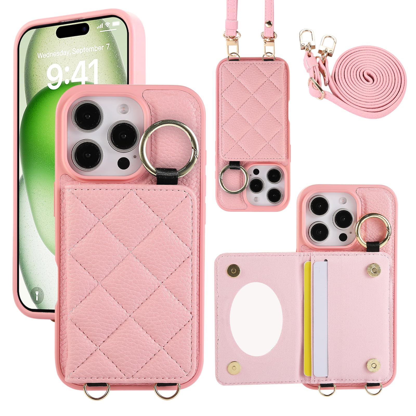 Succtopy iPhone 16 Pro Max ケース 手帳型 ショルダー スマホケース アイフォン 16 プロ マックス ケース 手帳型 鏡付き 肩がけ 首掛け 斜め掛け ストラップ着脱可 アイホン16pro max ケース 手帳型 財