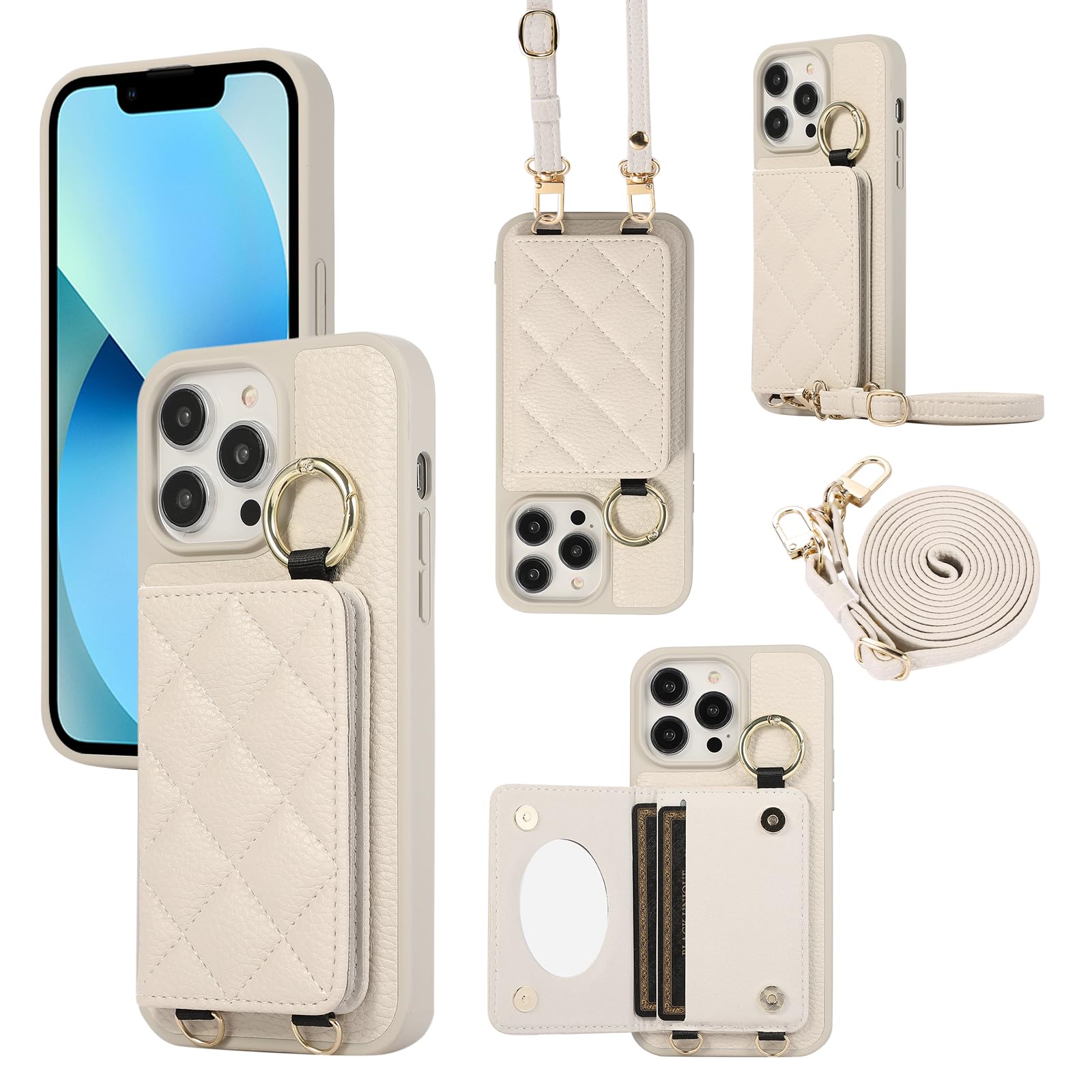 Succtopy iphone13 Pro ケース 手帳型 ショルダー スマホケース いphone13pro ケース 背面手帳型 鏡付き 肩がけ 首掛け 斜め掛け ストラップ着脱可 アイフォン13pro ケース 手帳型 財布付き リング付き