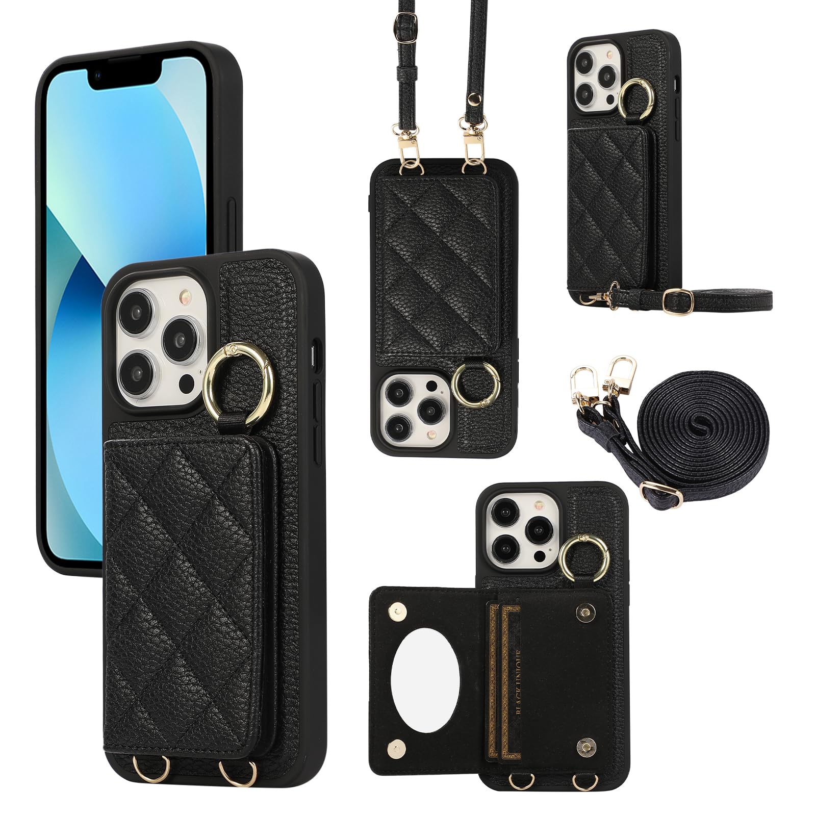 Succtopy iphone13 Pro ケース 手帳型 ショルダー スマホケース いphone13pro ケース 背面手帳型 鏡付き 肩がけ 首掛け 斜め掛け ストラップ着脱可 アイフォン13pro ケース 手帳型 財布付き リング付き