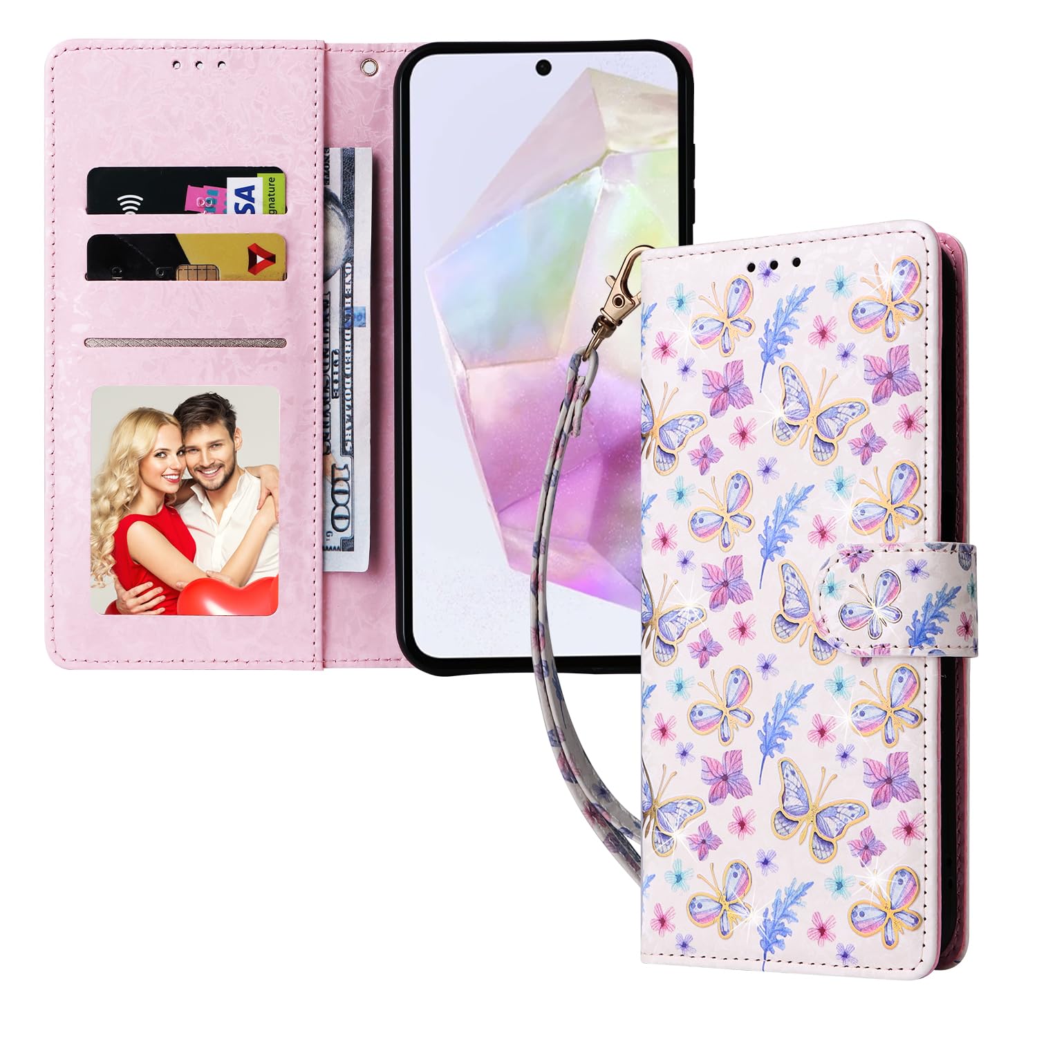 MaKaWa for Galaxy S25 ケース 手帳型 携帯カバー カード収納 スタンド機能 Galaxy S25 ケース 手帳型 シンプル 軽量 耐衝撃高級PUレザー 放熱性 汗や指紋防止 全面保護 耐汚れ 花柄 ストラップ 可愛い