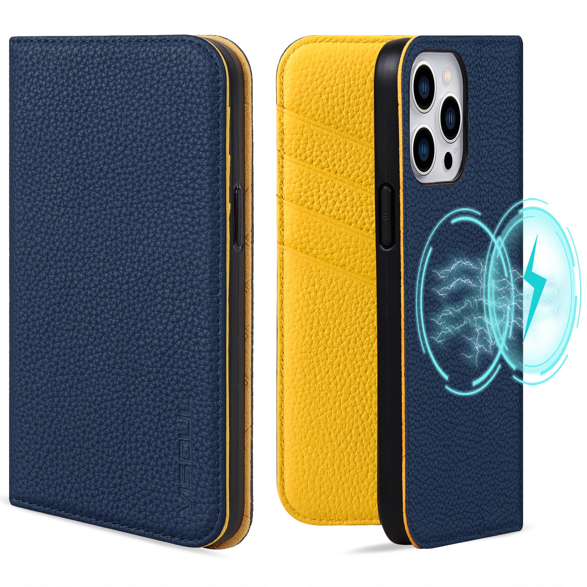 VISOUL iPhone 15 ProMax 相応う 入れもの 万覚え帳型 本革 アイフォン15 ProMax なめし革入れもの MagSafe相応う 全面保護すること 磁石式 歌留多納める 横置き照明ランプ 6.7in アイホン15 ProMax 米国海軍 檸檬