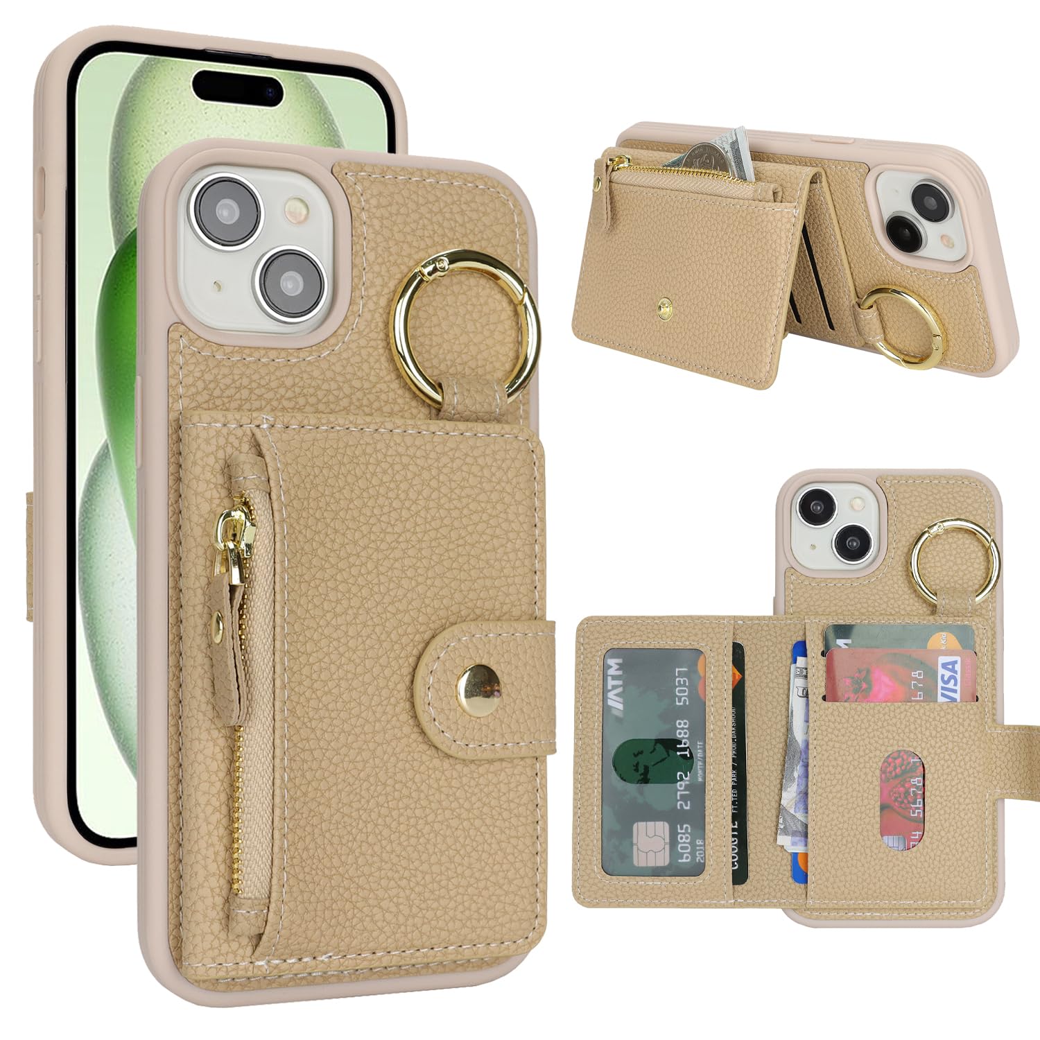 SailorTech ケース iPhone 14 Plus 背面ケース翻盖型 キーホルダーリング付きクレジットカード入れ 女性用, アイフォン14Plus 手帳ケースライチ紋様 横置き機能 背面収納ケース iPhone 14 Plus ケース 財