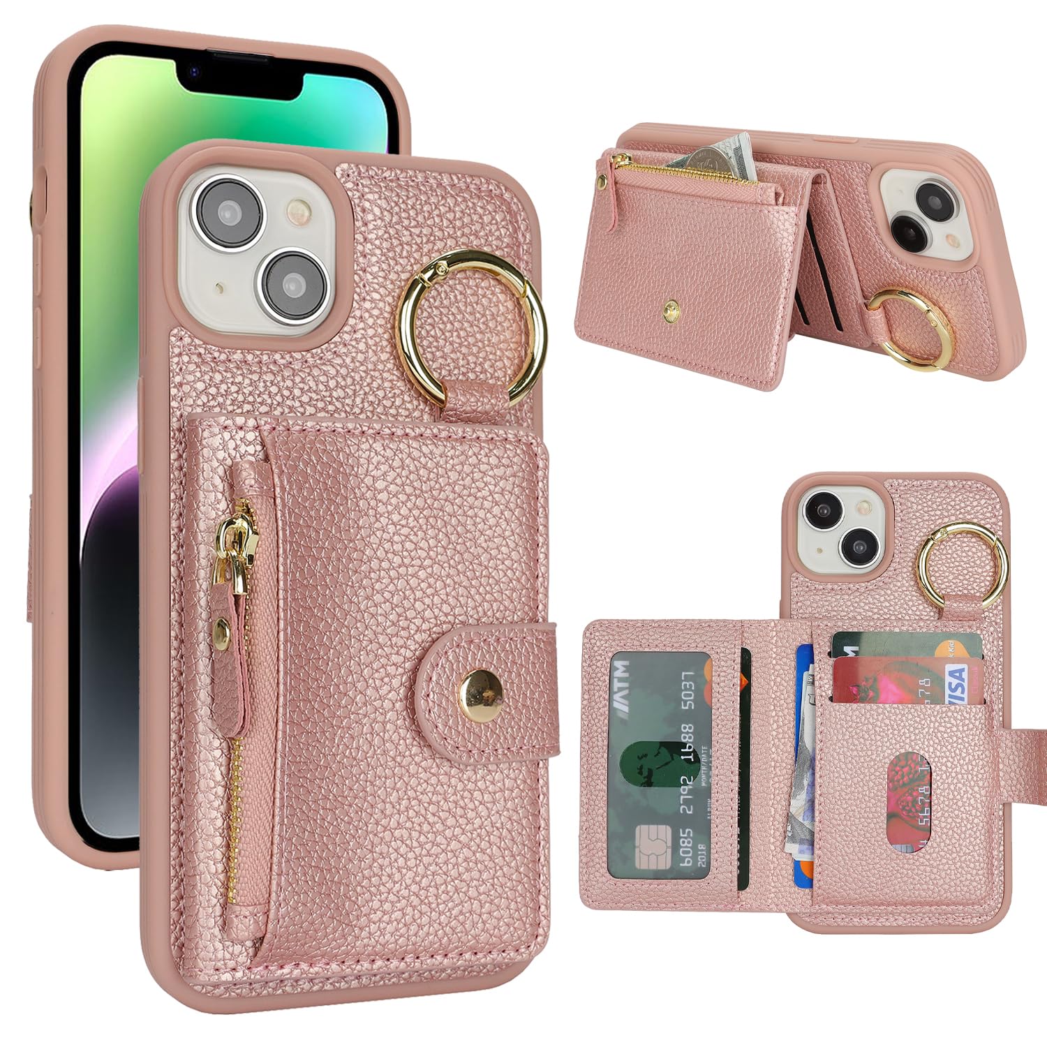 SailorTech ケース iPhone13/14 背面ケース翻盖型 キーホルダーリング付きクレジットカード入れ 女性用, アイフォン14 手帳ケースライチ紋様 横置き機能 背面収納ケース iPhone 14/13 ケース 財布型 6.