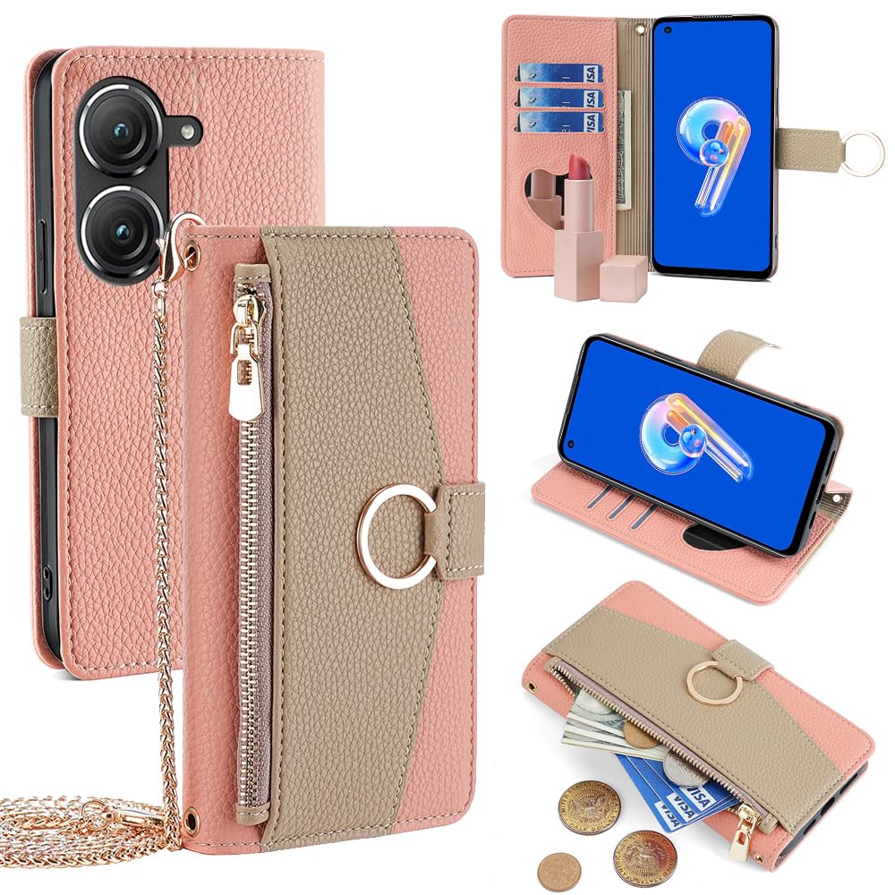 Zenfone 10 ケース 手帳型 For Zenfone 9 ショルダー For ゼンフォン10 財布型 カバー 肩掛け 斜めがけ 化粧鏡付き 女性 おしゃれ ロングストラップ ジッパー小銭入れ カード収納 横置き 上質な手触