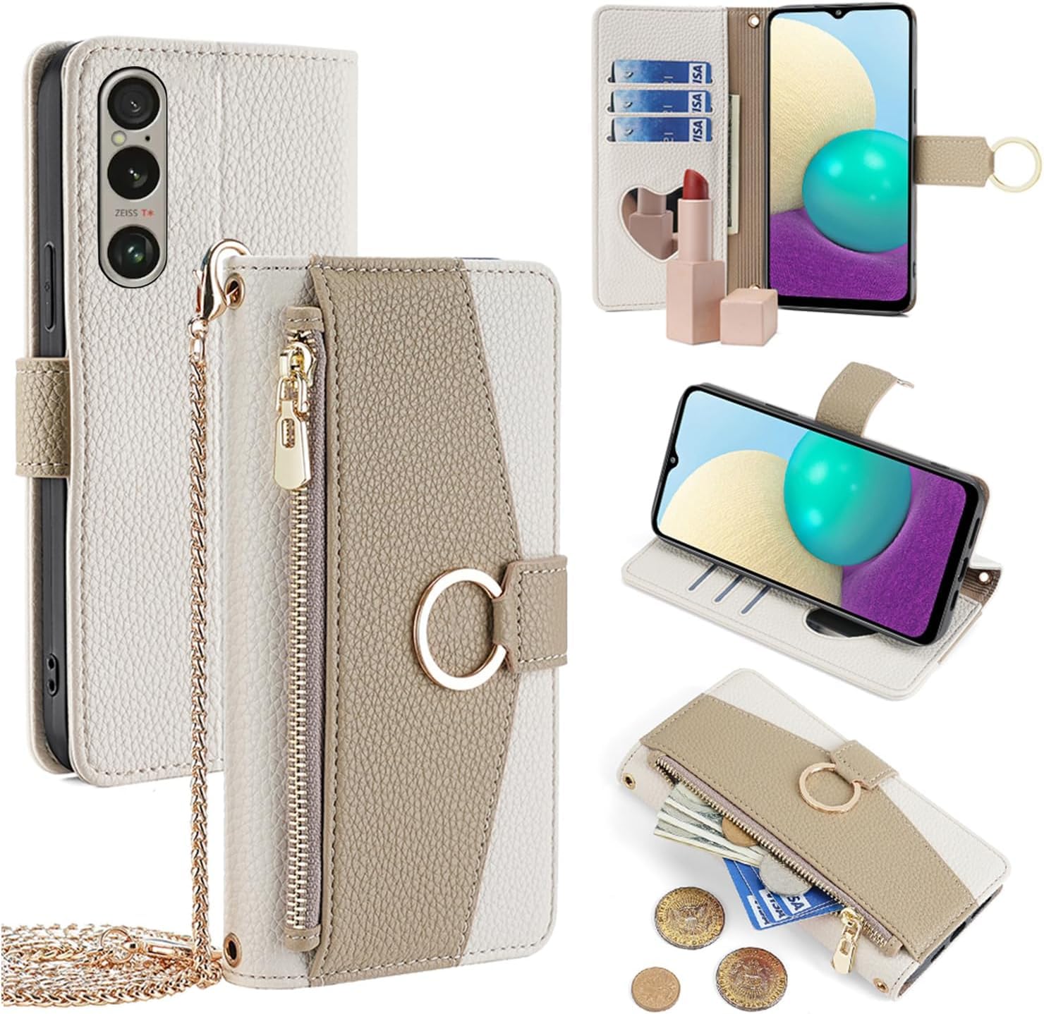 For Xperia 1 VII ケース 手帳型 ショルダー For エクスペリア1 vii マーク7 SO-51F/XQ-FS44/SOG15 財布型 カバー 肩掛け 斜めがけ 化粧鏡付き 女性 おしゃれ ロングストラップ ジッパー小銭入れ カード収