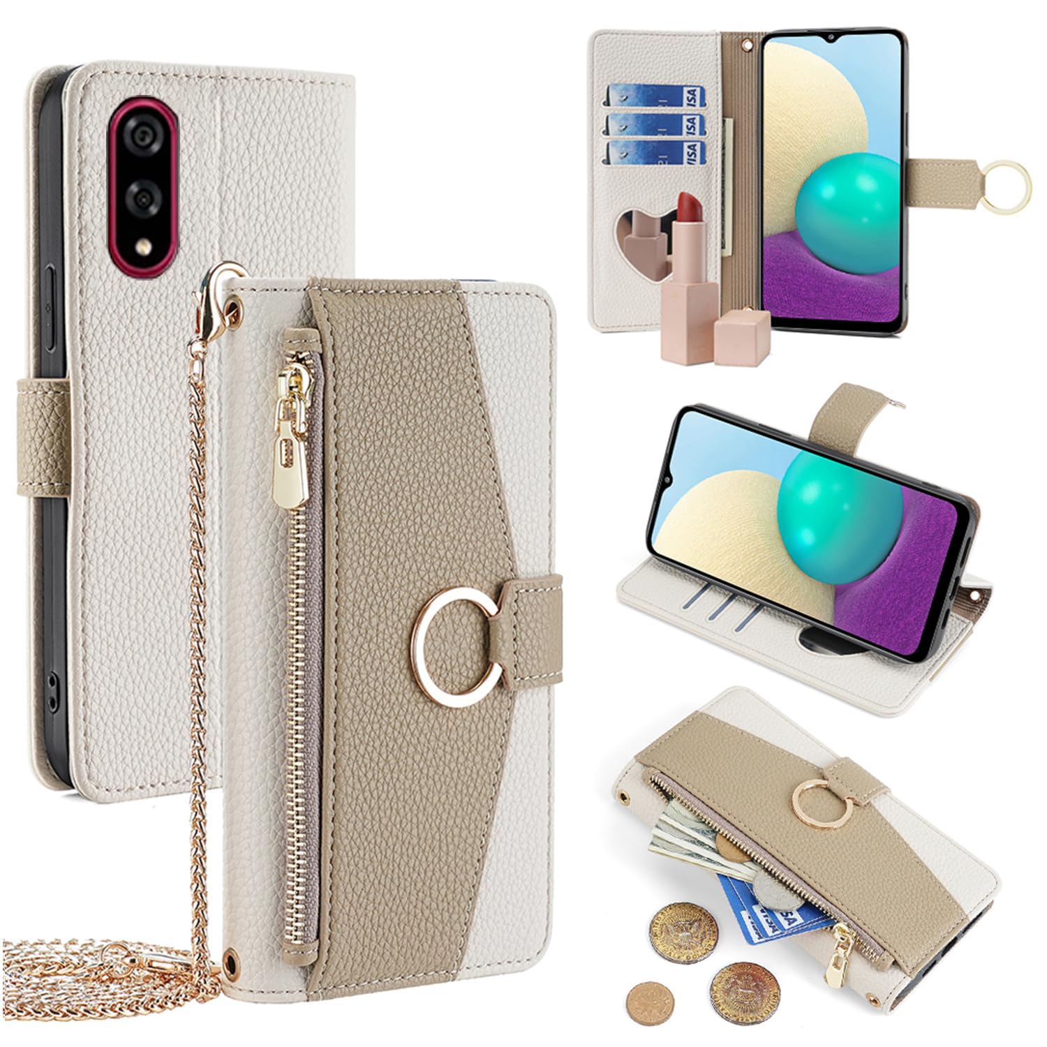 For BASIO Active 3 ケース 手帳型 ショルダー For BASIO Active 3 財布型 カバー 肩掛け 斜めがけ 化粧鏡付き 女性 おしゃれ ロングストラップ ジッパー小銭入れ カード収納 横置き 上質な手触り 耐汚