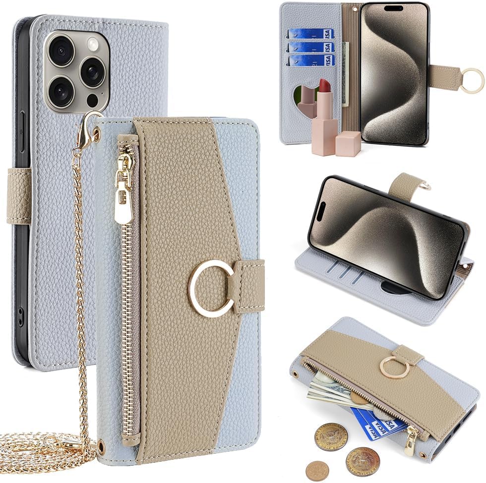 For iPhone 14 Pro Max ケース 手帳型 ショルダー For アイフォン14 プロ マックス 財布型 カバー 肩掛け 斜めがけ 化粧鏡付き 女性 おしゃれ ロングストラップ ジッパー小銭入れ カード収納 横置き