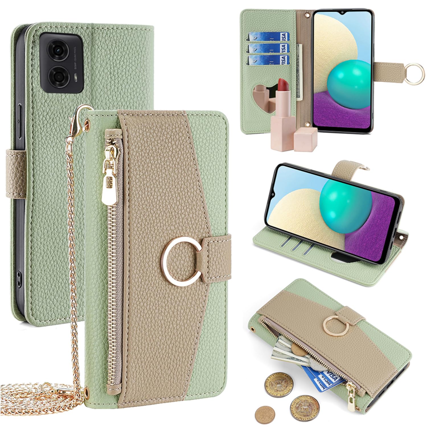 For MOTO G24 ケース 手帳型 ショルダー For モト g24 財布型 カバー 肩掛け 斜めがけ 化粧鏡付き 女性 おしゃれ ロングストラップ ジッパー小銭入れ カード収納 横置き 上質な手触り 耐汚れ気質