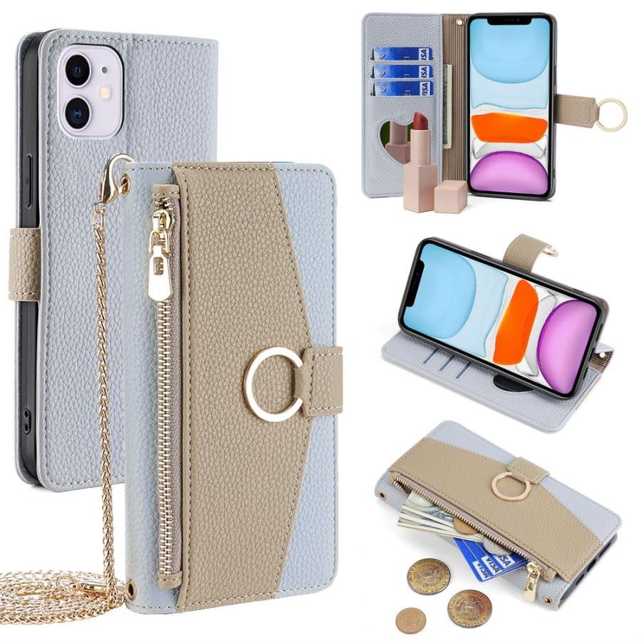 For iPhone 11 ケース 手帳型 ショルダー For アイフォン11 財布型 カバー 肩掛け 斜めがけ 化粧鏡付き 女性 おしゃれ ロングストラップ ジッパー小銭入れ カード収納 横置き 上質な手触り 耐汚れ