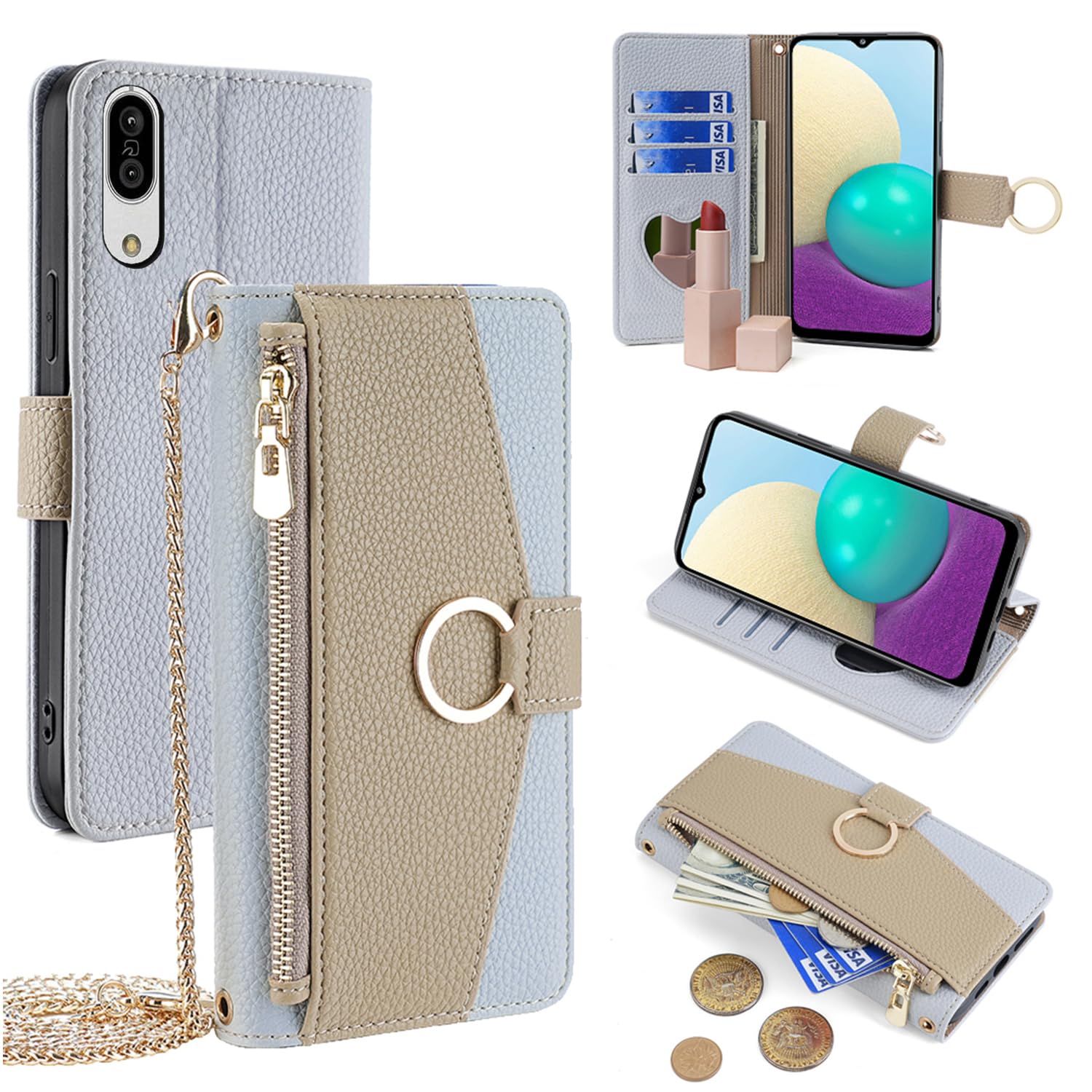 For AQUOS Sense3 ケース 手帳型 ショルダー For アクオス Sense3 lite sense3 basic For Android One S7 財布型 カバー 肩掛け 斜めがけ 化粧鏡付き 女性 おしゃれ ロングストラップ ジッパー小銭入れ カード収