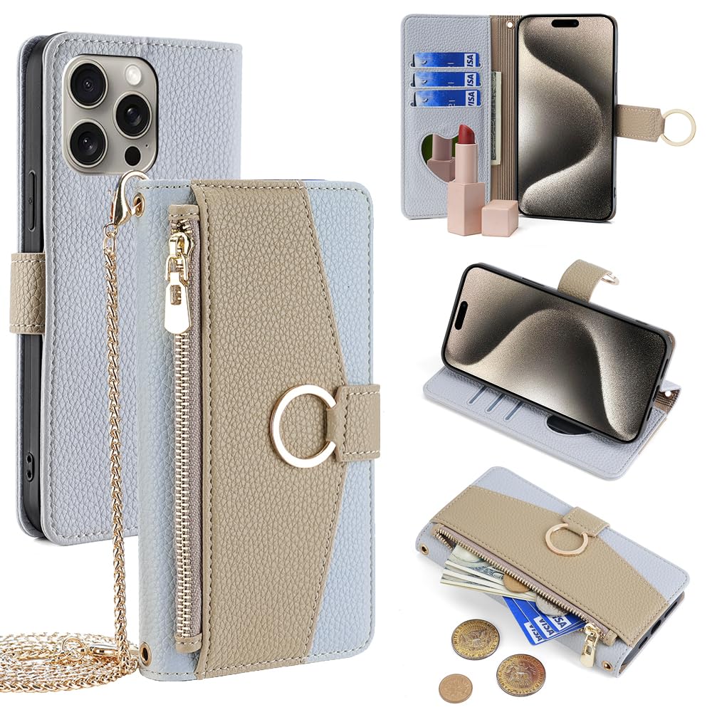 For iPhone 15 Pro Max ケース 手帳型 ショルダー For アイフォン15 プロ マックス 財布型 カバー 肩掛け 斜めがけ 化粧鏡付き 女性 おしゃれ ロングストラップ ジッパー小銭入れ カード収納 横置き