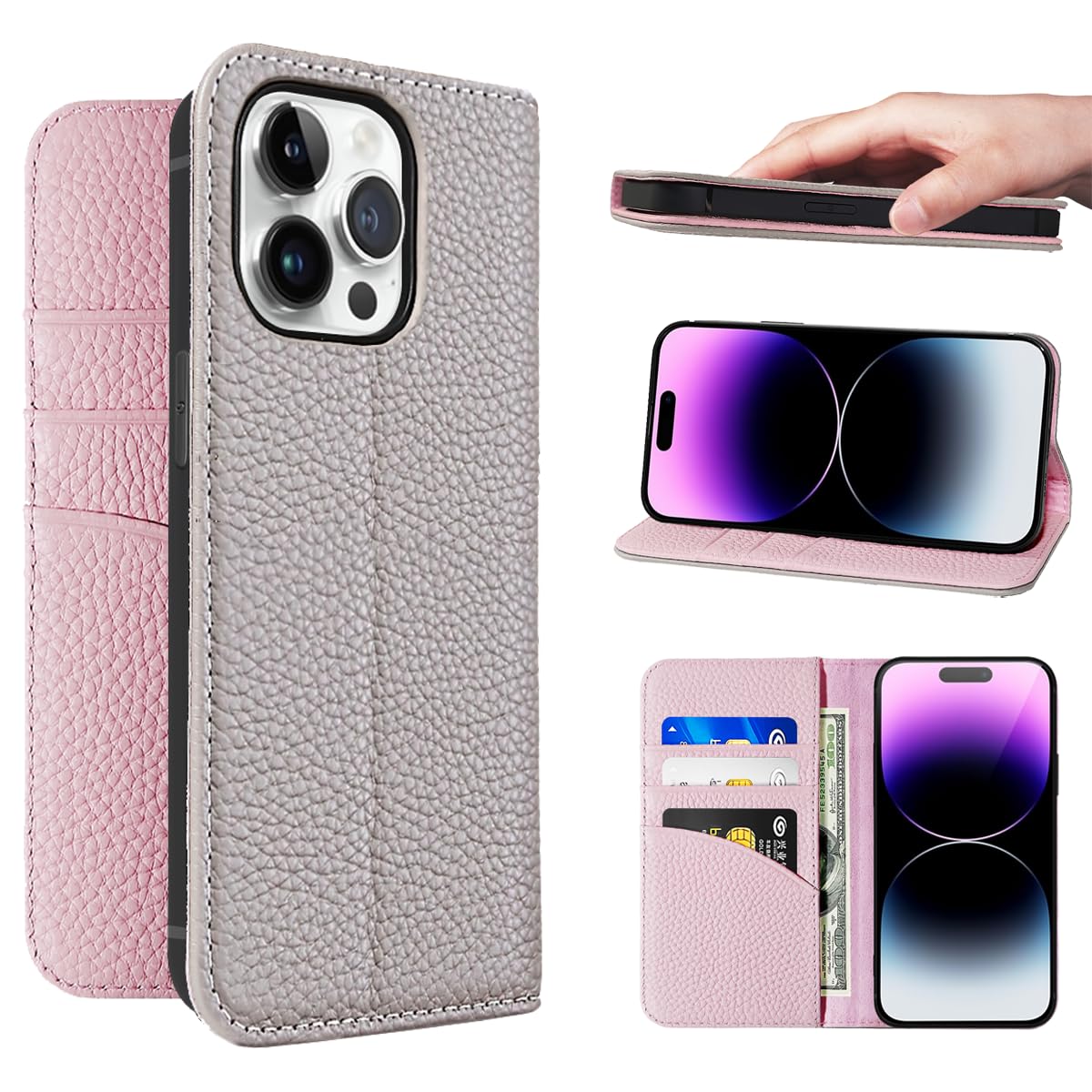 NanHou For iPhone 14 Pro ケース 本革 手帳型 カバー 耐衝撃 保護 カバー 本革 内蔵マグネッ 財布型 RFIDト 携帯カバー カードポケット スタンド機能 に適した アイフォン 14 Pro - グレー/ピンク