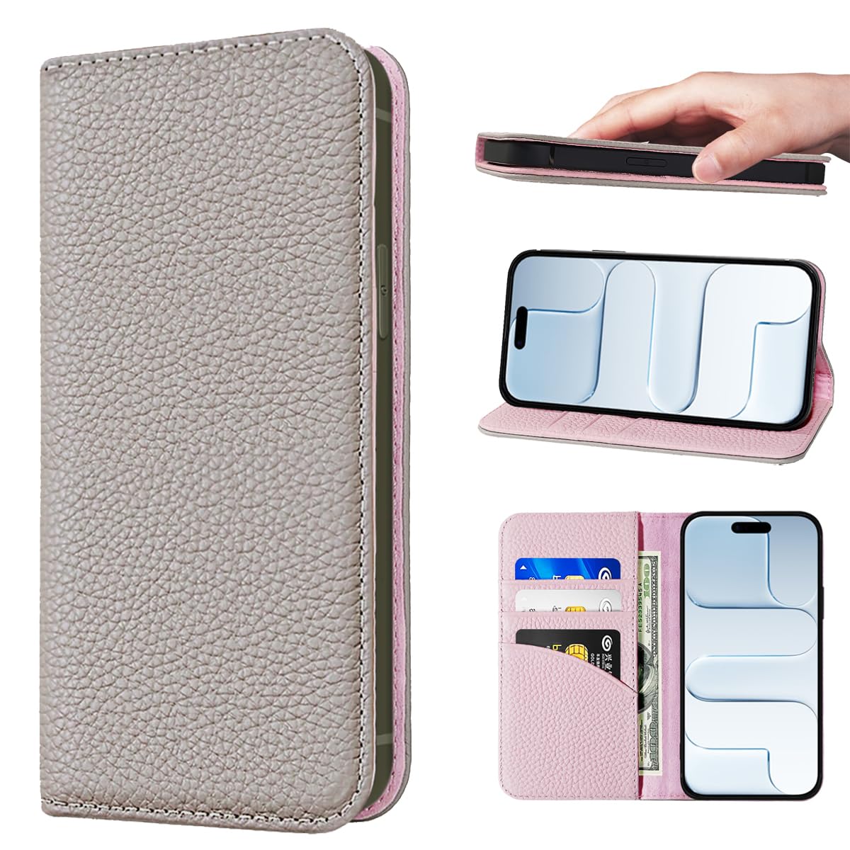 NanHou For iPhone 17 Air ケース 本革 手帳型 カバー 耐衝撃 保護 カバー 本革 内蔵マグネッ RFIDト 財布型 携帯カバー カードポケット スタンド機能 に適した アイフォン 17 Air - グレー/ピンク|WES STORE