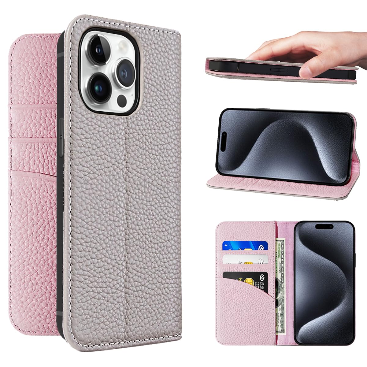NanHou For iPhone 15 Pro ケース 本革 手帳型 カバー 耐衝撃 保護 カバー 本革 内蔵マグネッ RFIDト 財布型 携帯カバー カードポケット スタンド機能 に適した アイフォン iPhone 15 Pro - グレー/ピンク
