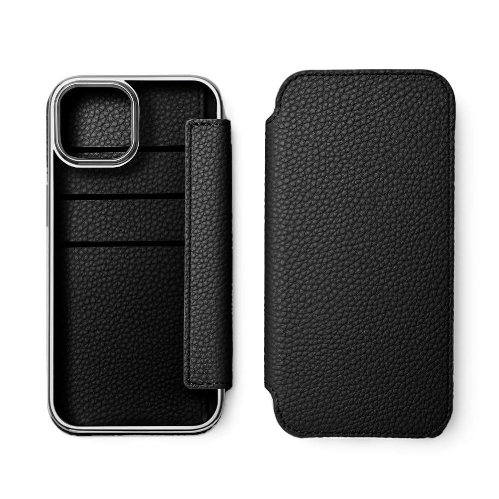 empire 背面クリア 手帳型 スマホケース (ブラックxシルバー, iPhone15)