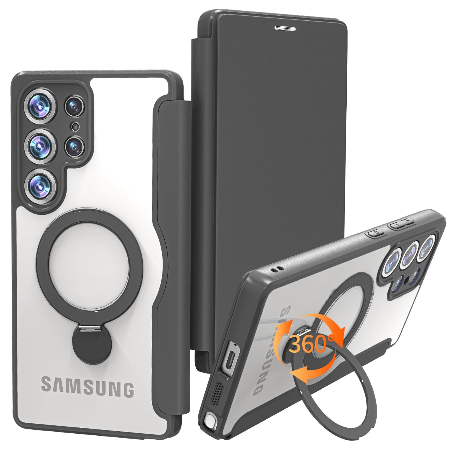 【実用性が高い手帳型】 Galaxy S24 Ultra手帳型 ケース 2枚カード収納 360度回転するMagSafeリングが超便利クリア仕様を引き継いだ手帳型 レザー素材 軽い 薄型 耐衝撃 ギャラクシーS24 Ultraカバー