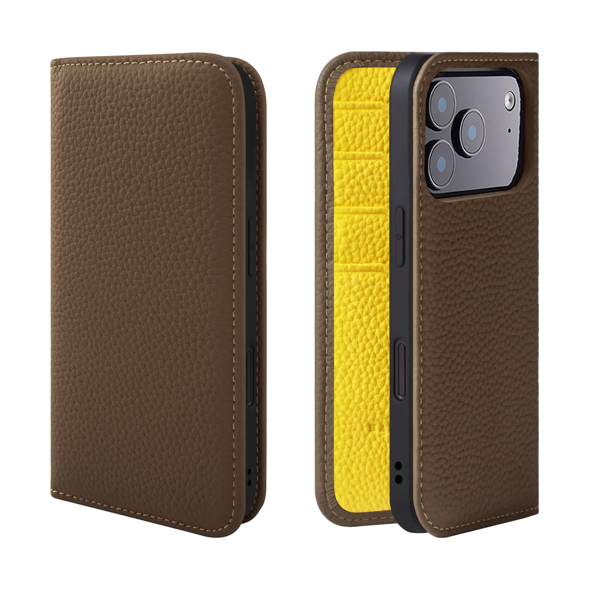 HANATORA for iPhone 17Pro ケース 手帳型 本革 スマホケース スマホ スタンド コードホルダー 付き シュリンクカーフレザー ギフト マグネットなし トープ + イエロー PH-17Pro-Taupe-YL ギフト 誕生日ギ｜WES STORE