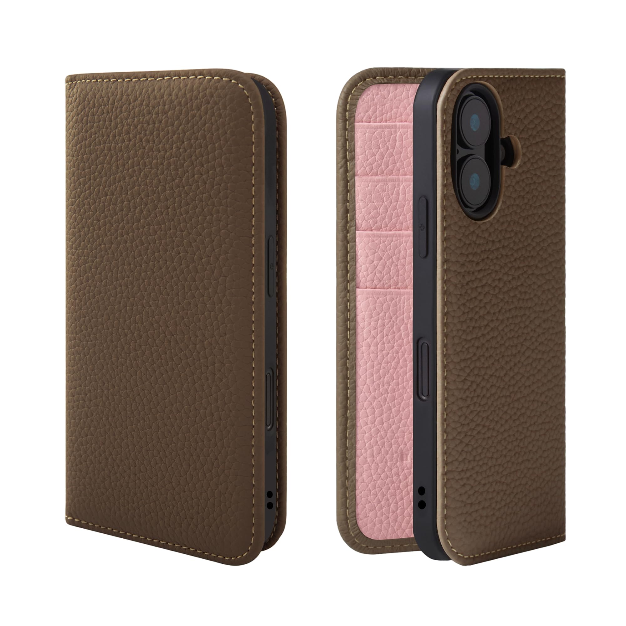 HANATORA for iPhone 17 ケース 手帳型 本革 スマホケース スマホ スタンド コードホルダー 付き シュリンクカーフレザー ギフト マグネットなし トープ + ピンク PH-17-Taupe-PK ギフト 誕生日ギフト