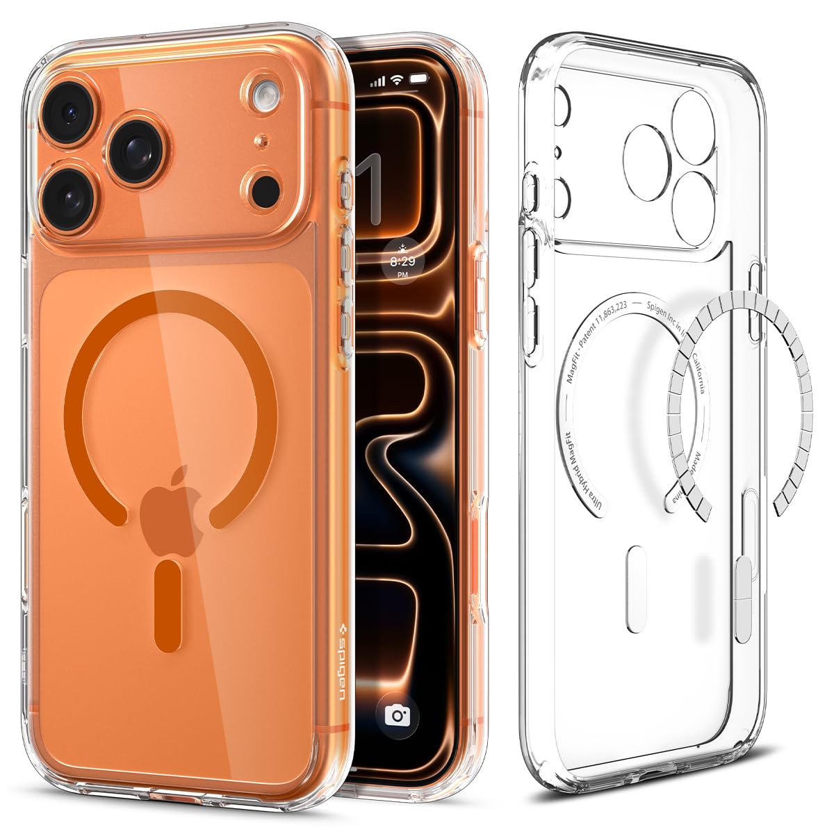Spigen 【打ち立てる18年の科学技術力】 iPhone 17 Pro 容れもの MagSafe相応う せつ然たる 澄み切った ストラップホール 米軍MIL標準尺度 ウルトラ・ハイブリッド・マグフィット (せつ然たる・オレンジ色) ACS