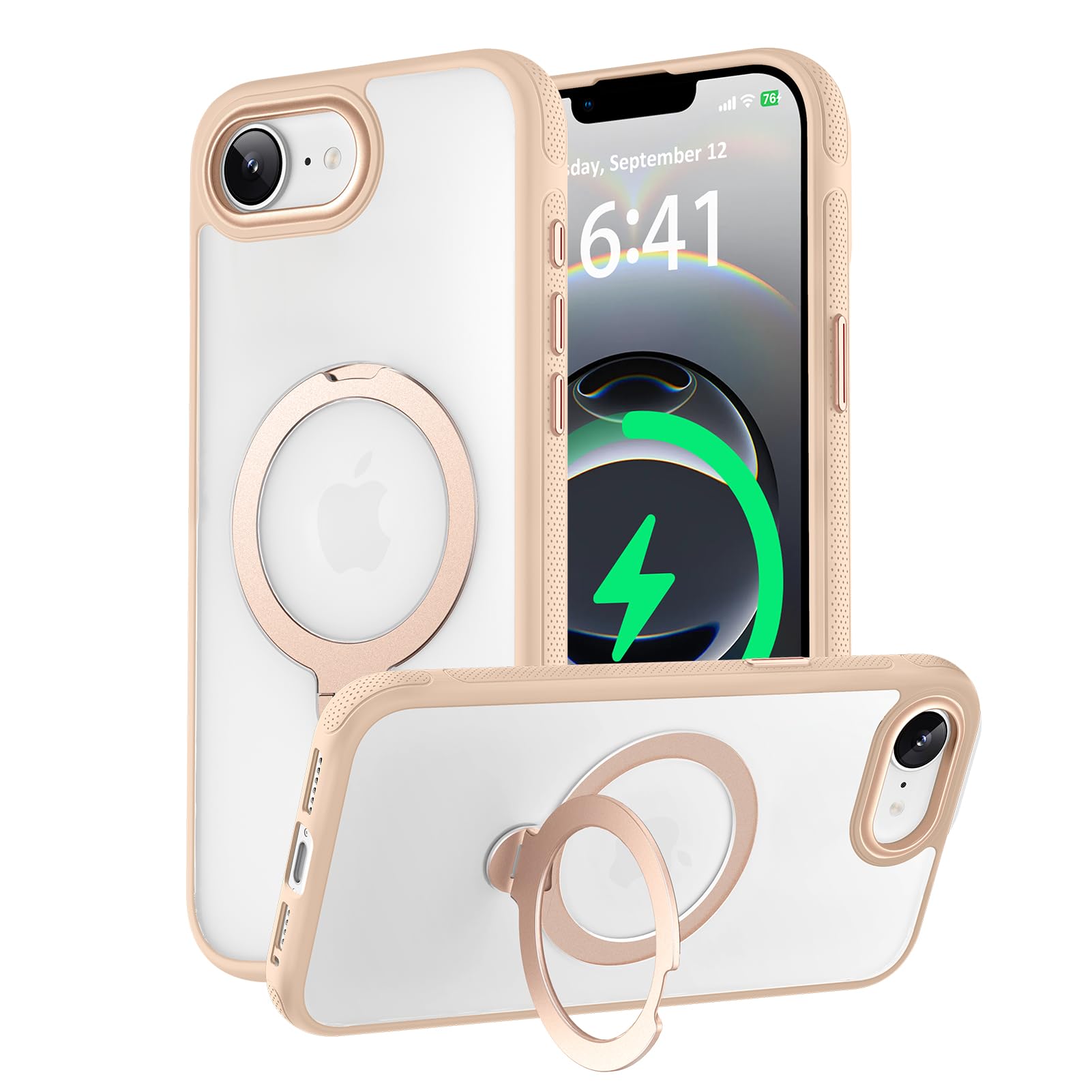 KISECASE iPhone 16e 用 ケース Magsafeアクセサリー対応 ワイヤレス充電 磁気リング マグネット搭載 定点360度回転スタンド ボタン保護 ホコリ防止 耐衝撃 耐久性 黄ばみ防 滑り止め 落下保護 傷防
