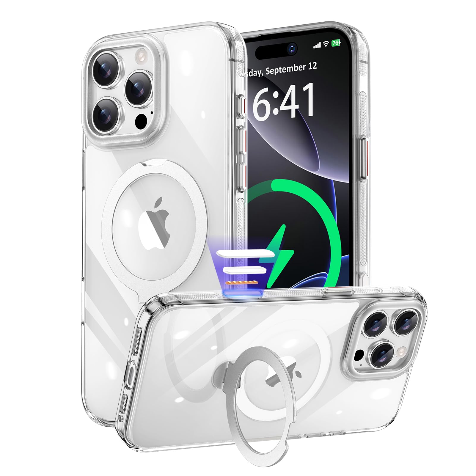 KISECASE iPhone 16 ProMax 用 容れもの MagSafe 相応う 無線電話申し受ける カメラコントロールカバー 360度回転させる照明ランプ 磁気輪っか 磁石積み上げる 耐衝撃 耐久性 黄ばみ押しとどめる 上滑り打ち切り 落っこちる防御すること 持ちはこび容れもの