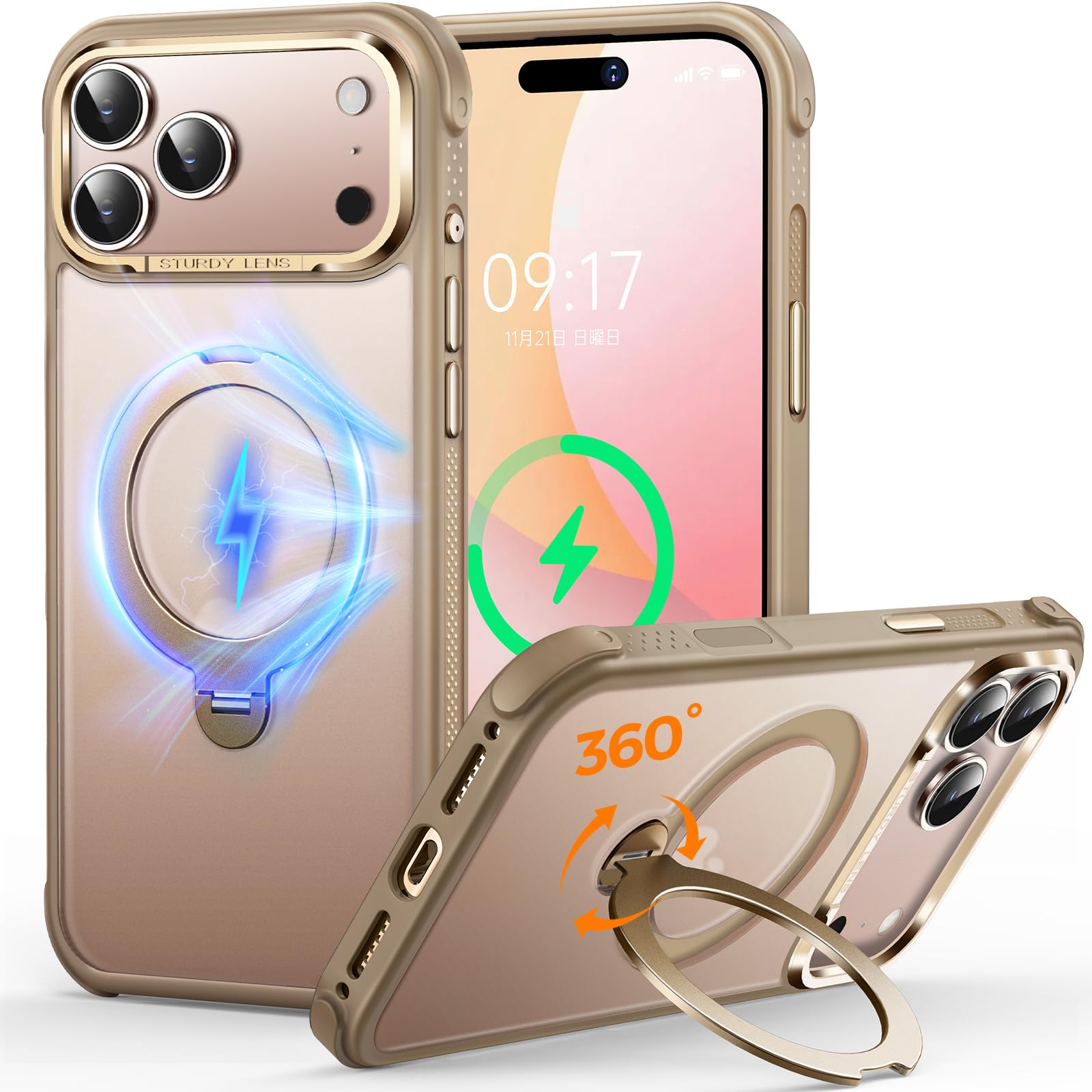 【2025新開発!新型TPUバンパー・安全性 】CUTELFON iPhone 17 Pro Max ケース 3倍米軍規格認証 耐衝撃 MagSafe対応 ワイヤレス充電 いPhone17 Pro Max ケース 360°回転【横縦両立・角度自由調整】黄ばみな