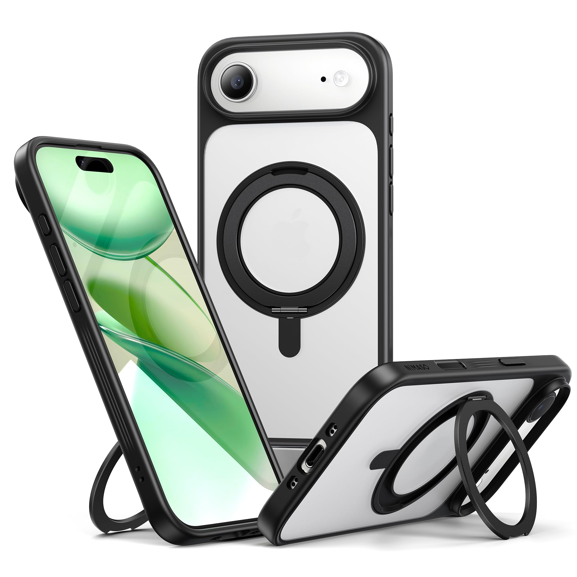 NIMASO iPhone Air 用 ケース 縦横両対応 360°回転スタンドケース いphone air 用 MagSafeアクセサリー対応 カメラコントロールカバー 携帯スマホケース リングマグネット ワイヤレス充電対応 半透明