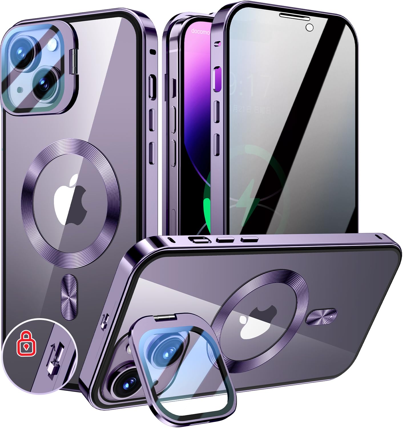 KELLCASE【カメラレンズ保護・スタンド+覗き見防止+MagSafe対応 】iPhone 14 用 ケース 全面保護 隠しスタンド付き ロック付き 両面 マグネット式 アイフォン 14 カバー ストラップホール付き透明