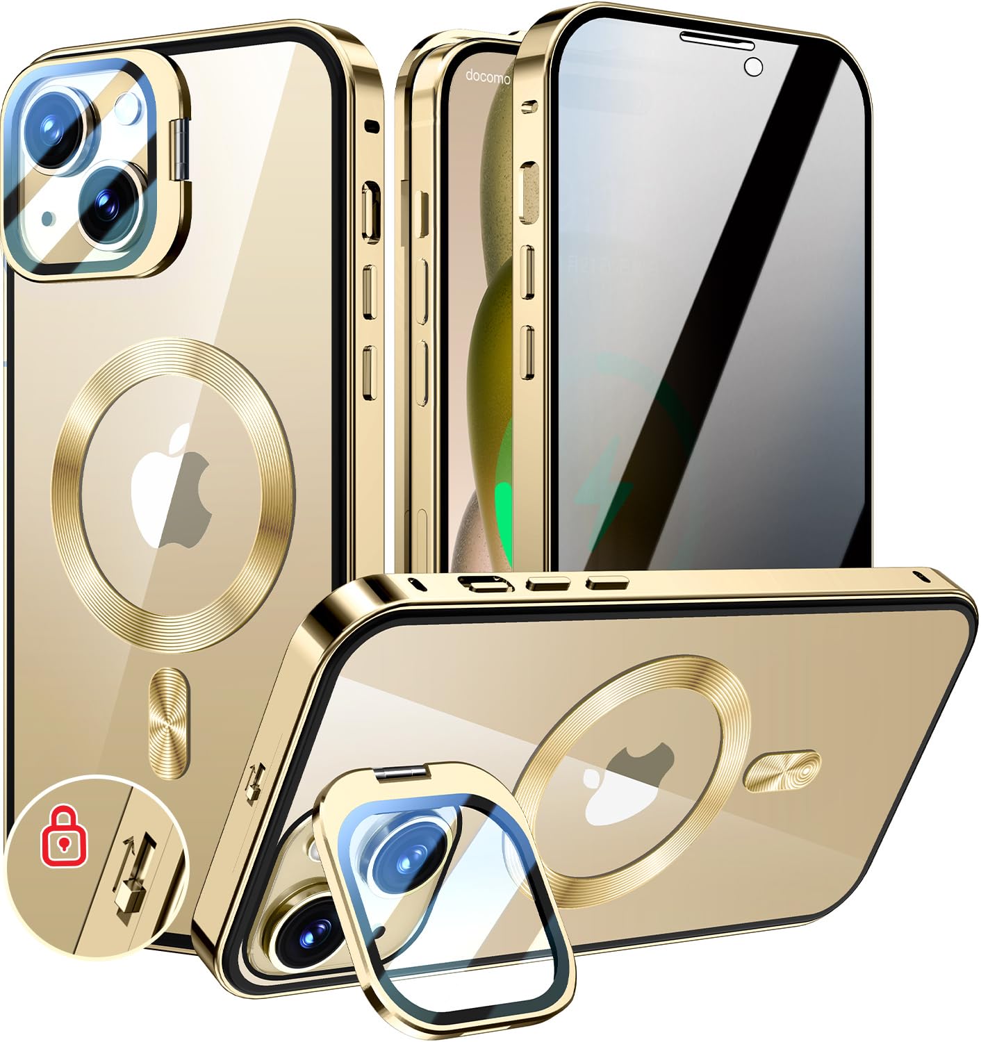KELLCASE【カメラレンズ保護・スタンド+覗き見防止+MagSafe対応 】iPhone 15 用 ケース 全面保護 隠しスタンド付き ロック付き 両面 マグネット式 アイフォン 15 カバー ストラップホール付き透明