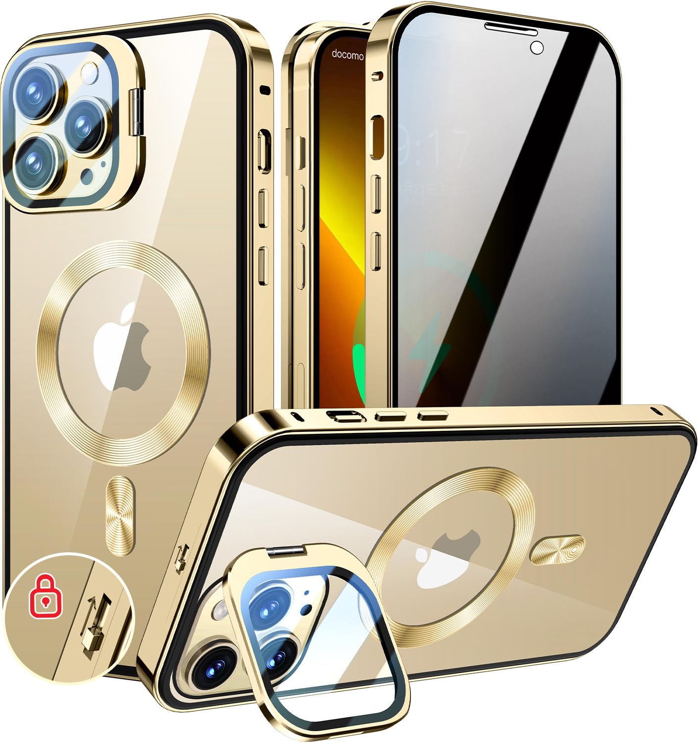 KELLCASE【カメラレンズ保護・スタンド+覗き見防止+MagSafe対応 】iPhone 13 Pro 用 ケース 全面保護 隠しスタンド付き ロック付き 両面 マグネット式 アイフォン13プロ カバー ストラップホール付