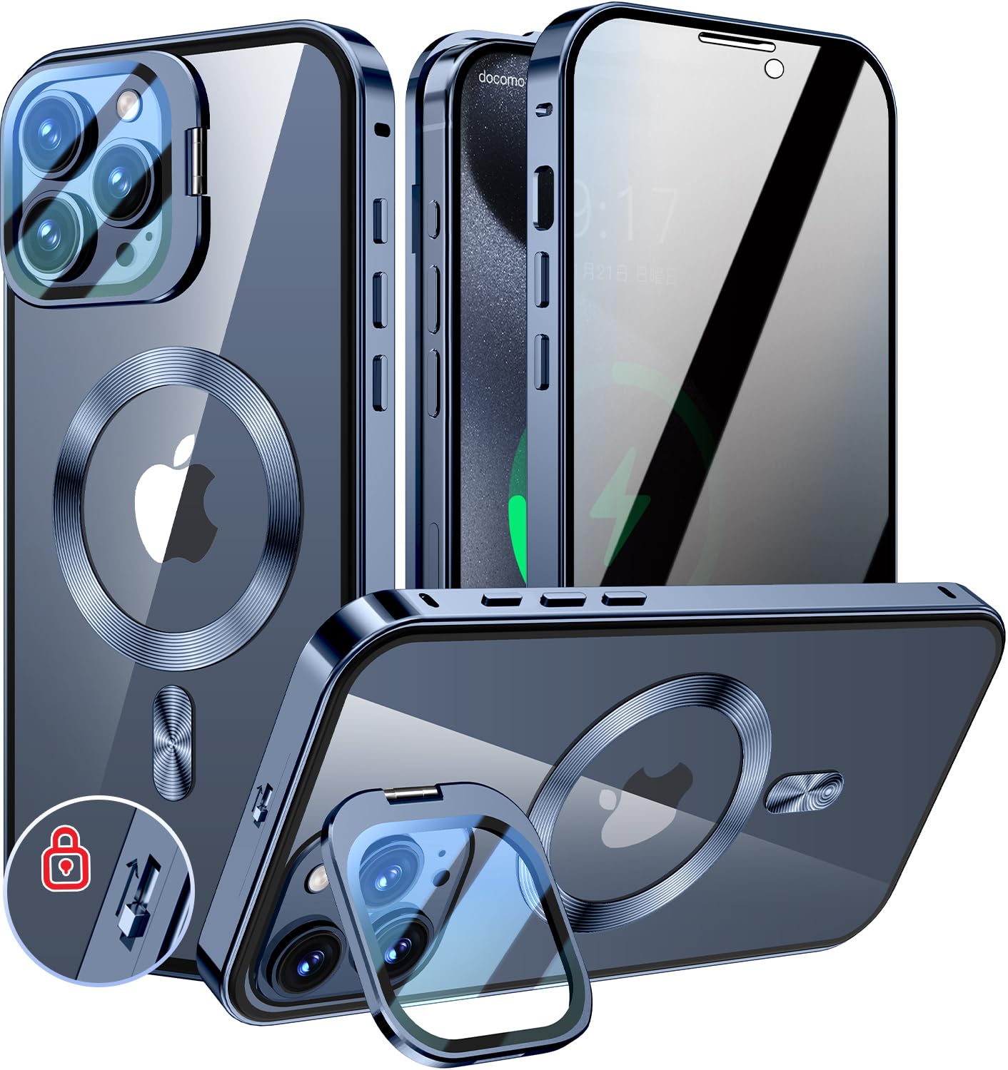 KELLCASE【カメラレンズ保護・スタンド+覗き見防止+MagSafe対応 】iPhone 15 Pro Max 用 ケース 全面保護 隠しスタンド付き ロック付き 両面 マグネット式 アイフォン15プロマックス カバー ストラッ