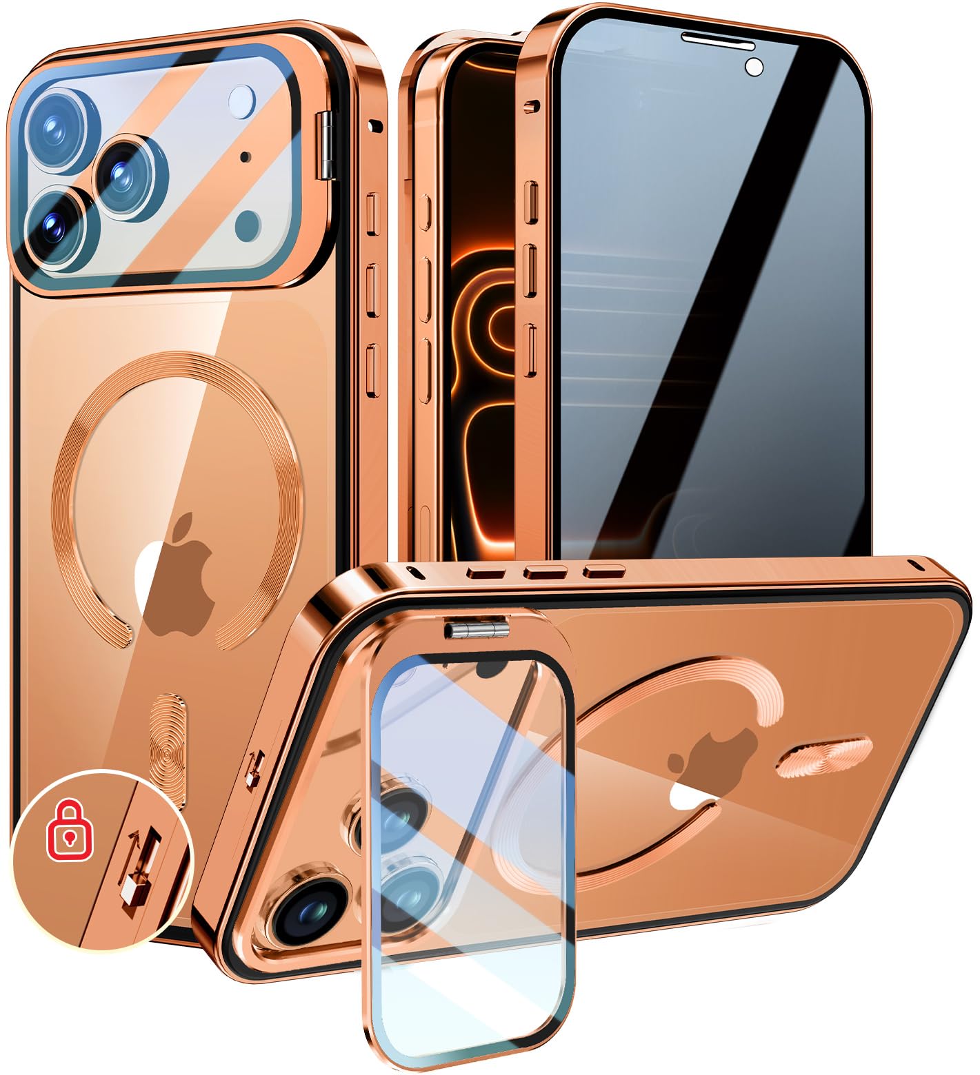 KELLCASE【カメラレンズ保護・スタンド+覗き見防止+MagSafe対応 】iPhone 17 Pro 用 ケース 全面保護 隠しスタンド付き ロック付き 両面 マグネット式 アイフォン17プロ カバー ストラップホール付｜WES STORE