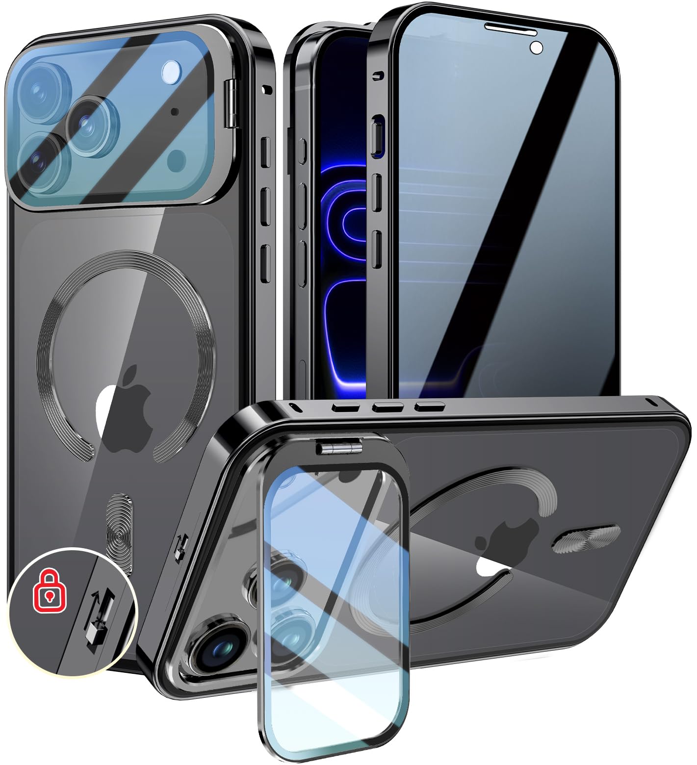 KELLCASE【カメラレンズ保護・スタンド+覗き見防止+MagSafe対応 】iPhone 17 Pro 用 ケース 全面保護 隠しスタンド付き ロック付き 両面 マグネット式 アイフォン17プロ カバー ストラップホール付｜WES STORE