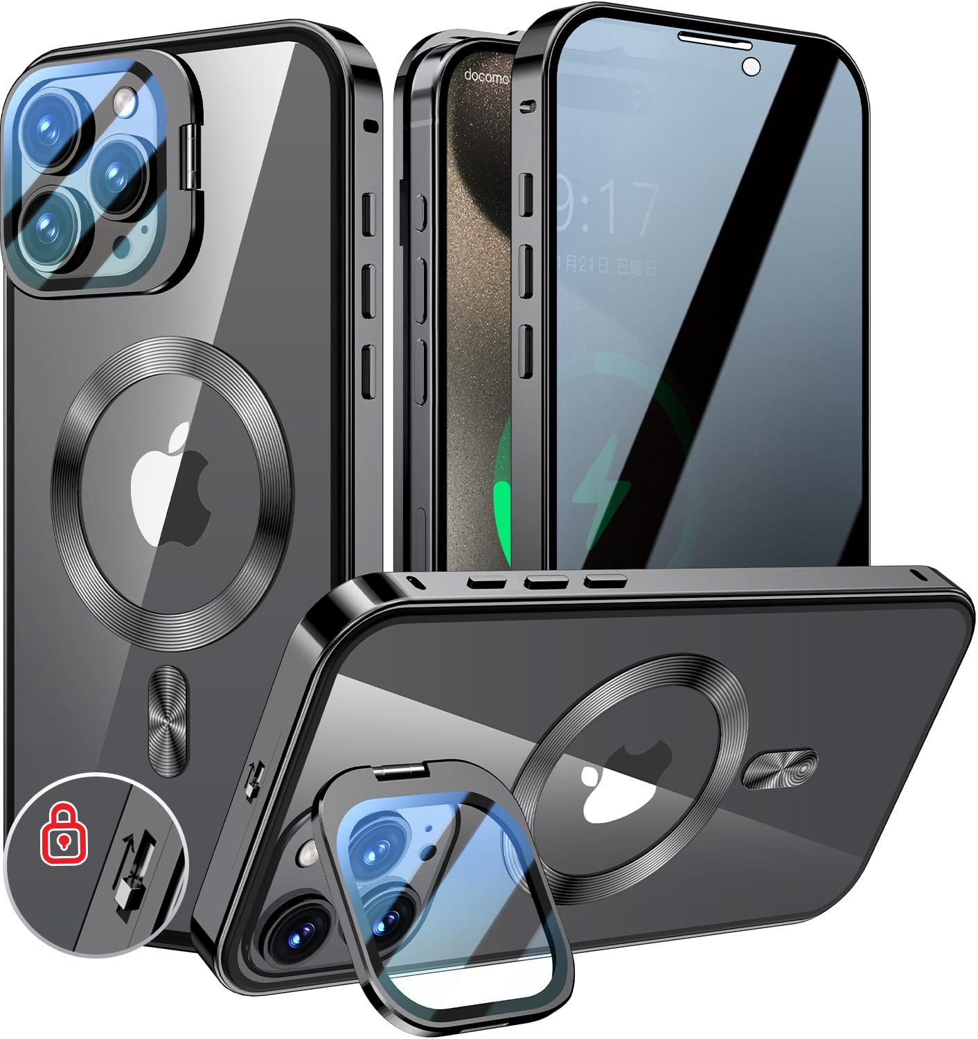 KELLCASE【カメラレンズ保護・スタンド+覗き見防止+MagSafe対応 】iPhone 16 Pro 用 ケース 全面保護 隠しスタンド付き ロック付き 両面 マグネット式 アイフォン16プロ カバー ストラップホール付｜WES STORE
