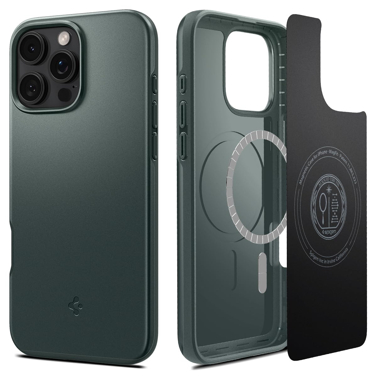 Spigen iPhone 16 Pro 入れもの MagSafe相応う 磁石積み上げる 米軍MIL標準尺度 引っ敷き 薄型 シン・フィット・マグフィット ACS08109 (アビス・グリーン)