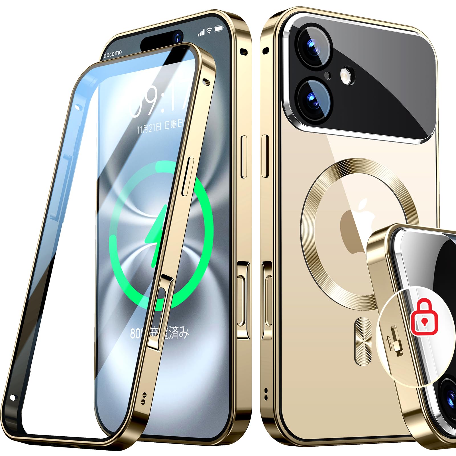 Rosycover【新次元の一体型レンズ・メカニカルロック】iPhone 16 用の ケース Magsafe対応 [360°全面保護・両面強化ガラス][本体の色・CD Magsafeリング]マグセーフ ワイヤレス充電対応 ストラップホ
