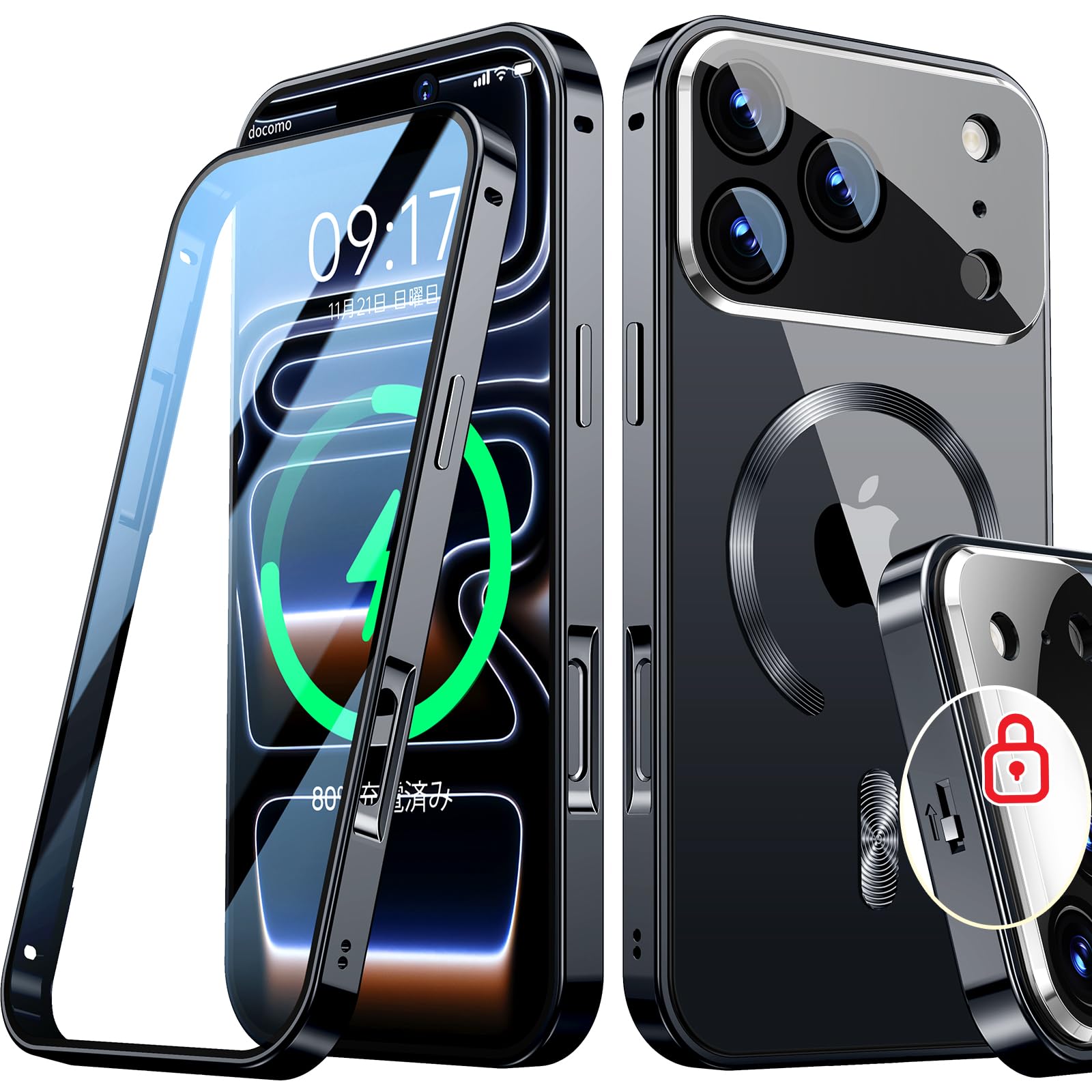 Rosycover【新次元の一体型レンズ・メカニカルロック】iPhone 17 Pro Max 用の ケース Magsafe対応[360°全面保護・両面強化ガラス][本体の色・CD Magsafeリング]マグセーフ ワイヤレス充電対応 ストラッ