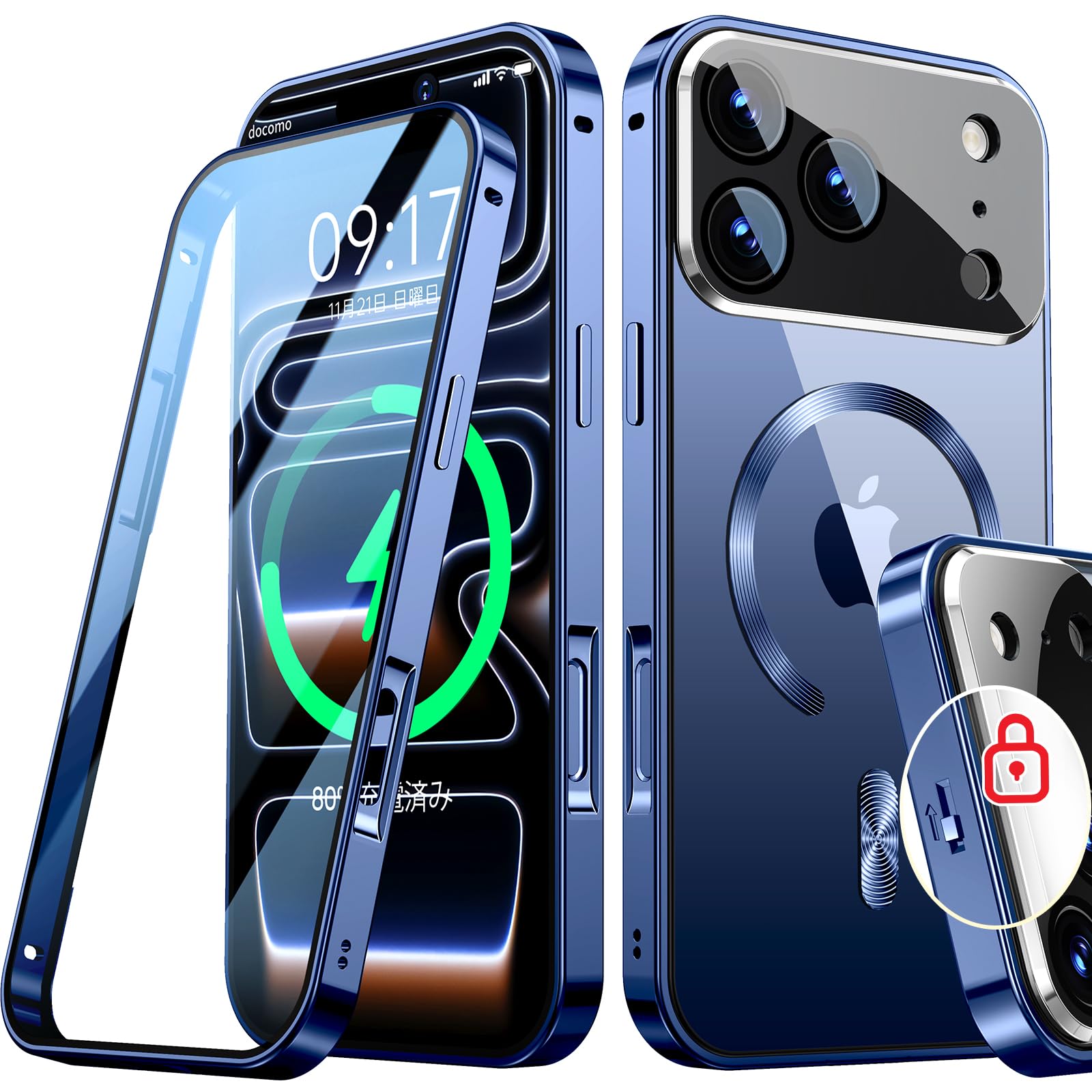 Rosycover【新次元の一体型レンズ・メカニカルロック】iPhone 17 Pro 用の ケース Magsafe対応[360°全面保護・両面強化ガラス][本体の色・CD Magsafeリング]マグセーフ ワイヤレス充電対応 ストラップ