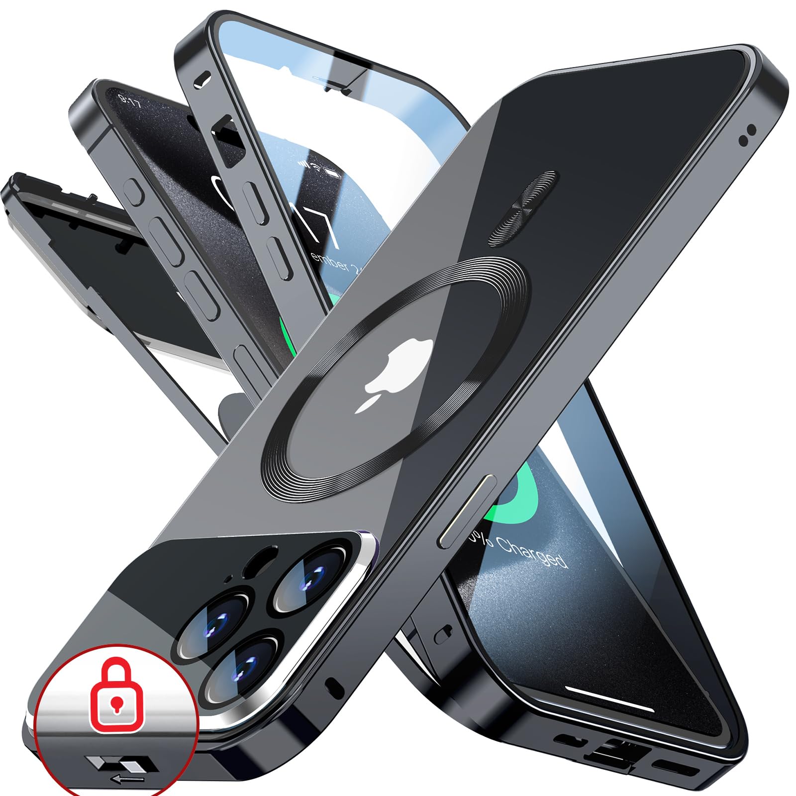 Rosycover【新次元の一体型レンズ・メカニカルロック】iPhone 15 Pro 用の ケース Mag-safe対応[360°全面保護・両面強化ガラス][本体の色・CD Mag-safeリング]マグセーフ ワイヤレス充電対応 ストラッ